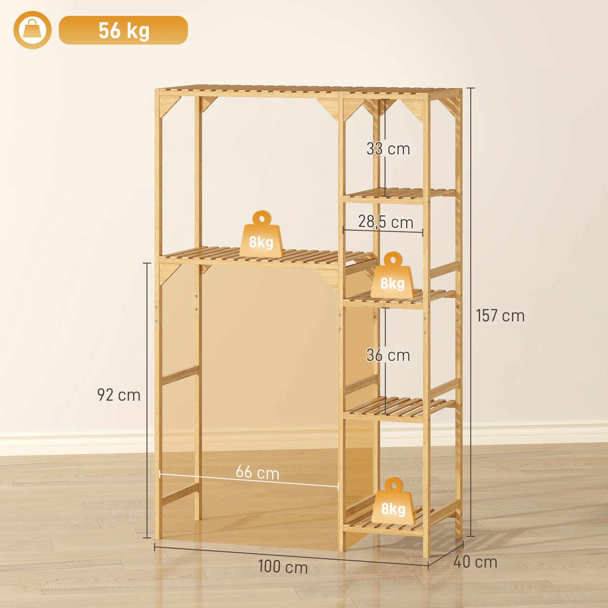 Estantería de madera de varios niveles con indicaciones de peso.