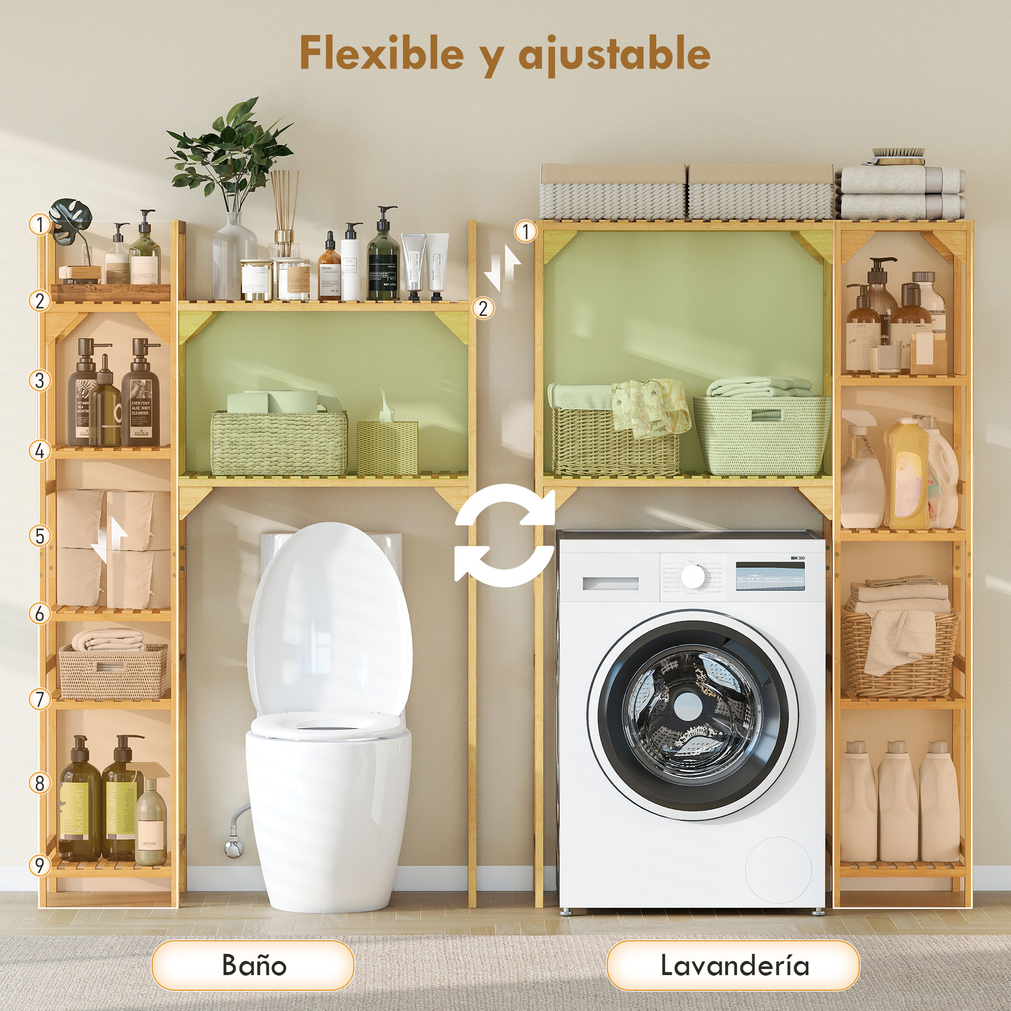 Estanterías de madera con artículos de baño y lavandería, junto a un inodoro y lavadora.