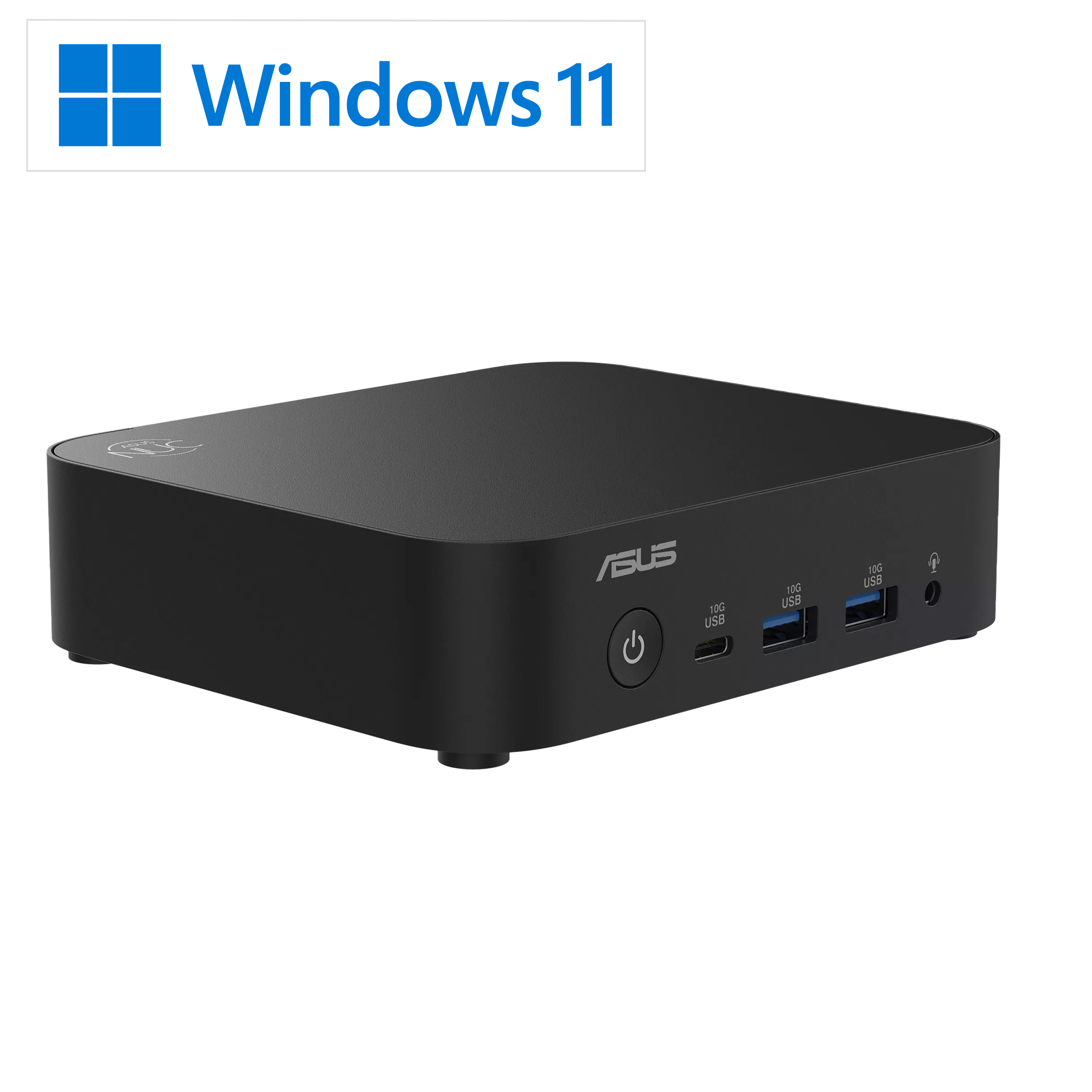 Zwarte Asus mini-pc met Windows 11 logo, aan/uit-knop en USB-poorten.