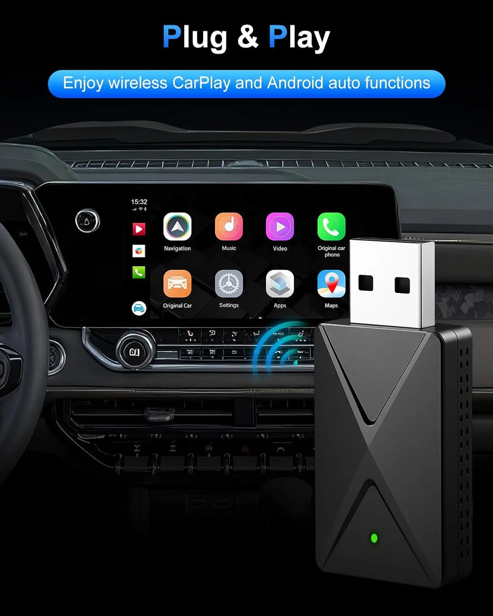 Ein schwarzer Dongle mit USB-Anschluss, der mit dem Infotainment-Bildschirm eines Autos verbunden ist.