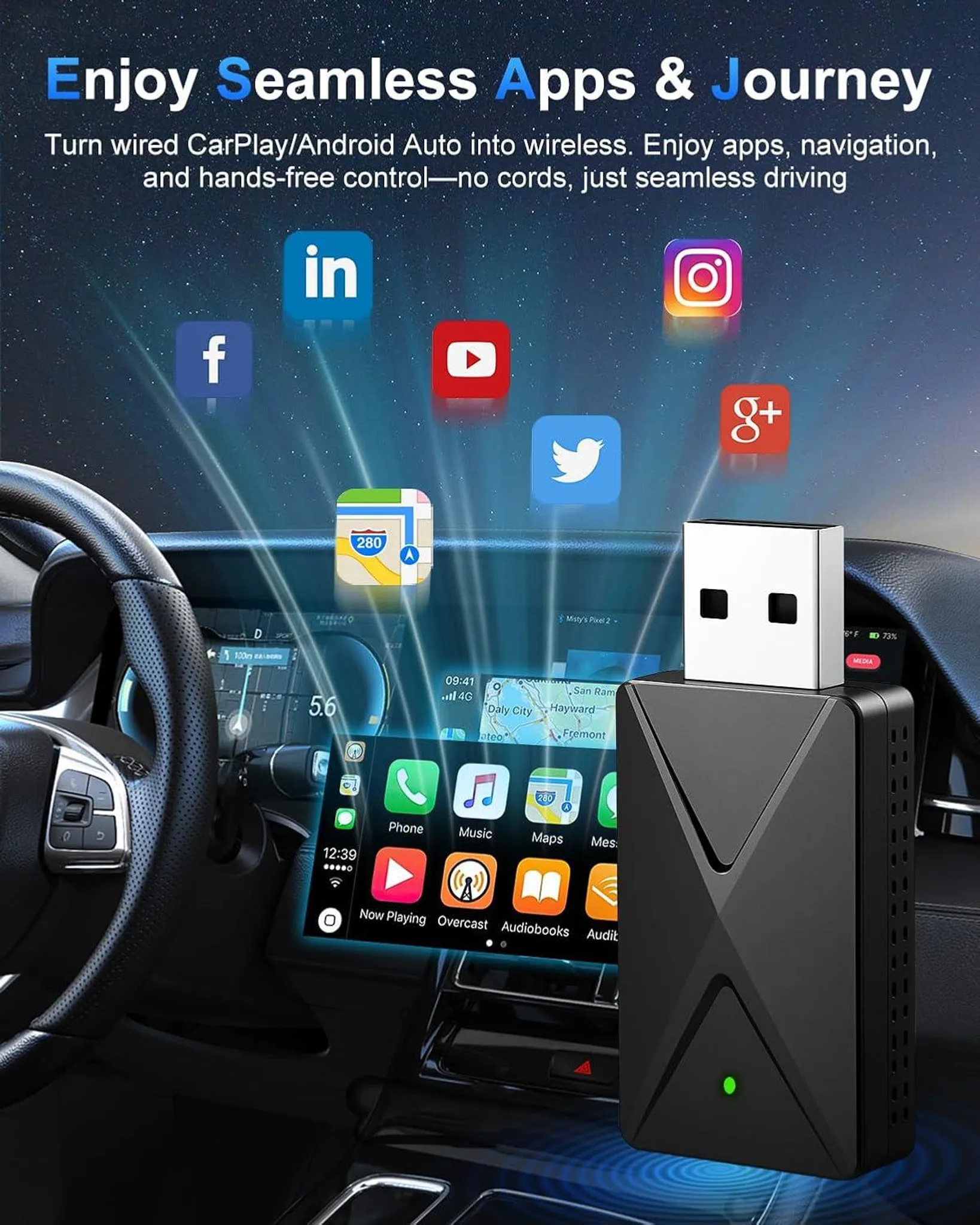 Ein schwarzes Gerät mit USB-Anschluss in einem Auto-Display mit App-Symbolen.