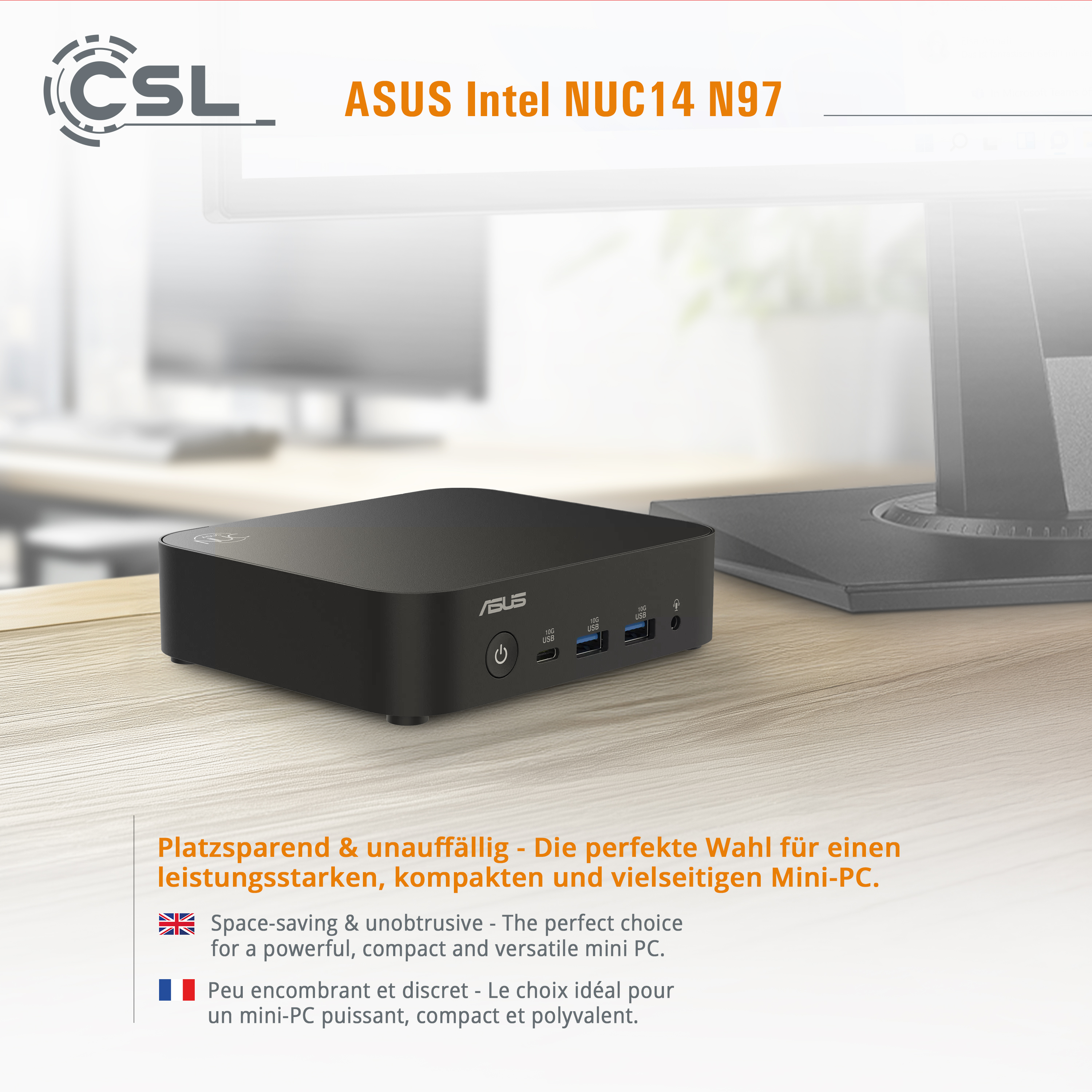 Schwarzer ASUS Mini-PC mit USB-Ports und Power-Button auf einem Holztisch.