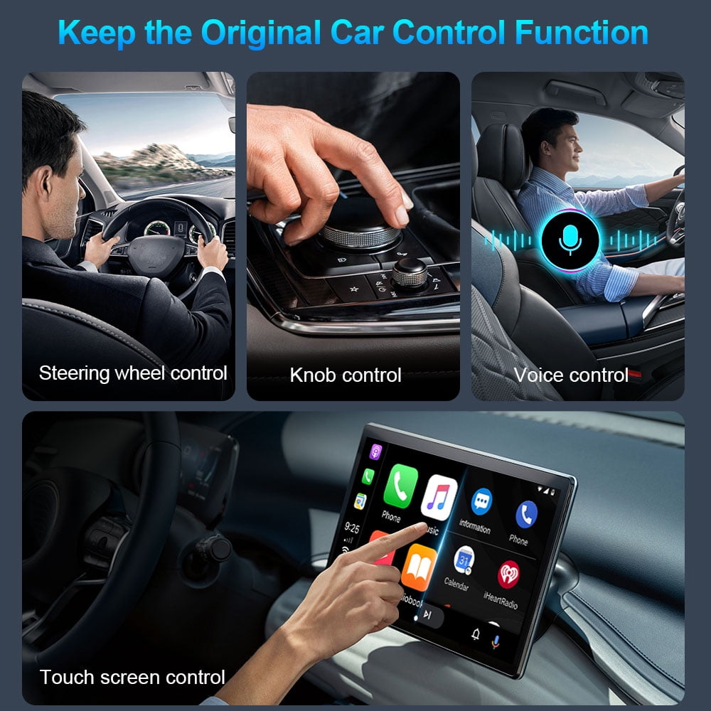 Ein Mann fährt Auto, nutzt ein Touchscreen-Display und eine Drehknopfsteuerung.