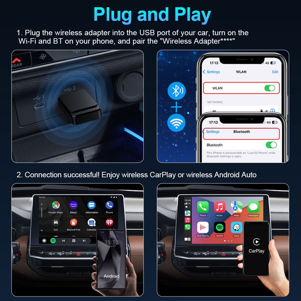 Anleitung: USB-Adapter einstecken, Handy verbinden, drahtloses CarPlay/Android Auto nutzen.