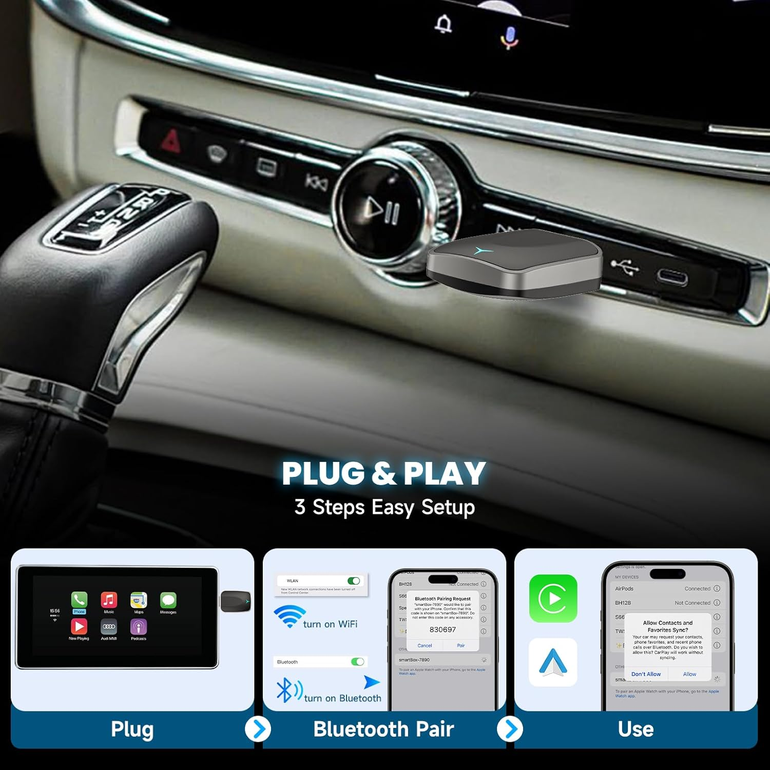 Autoinnenraum mit Gangschaltung, Bedienelementen und einem Bluetooth-Adapter.