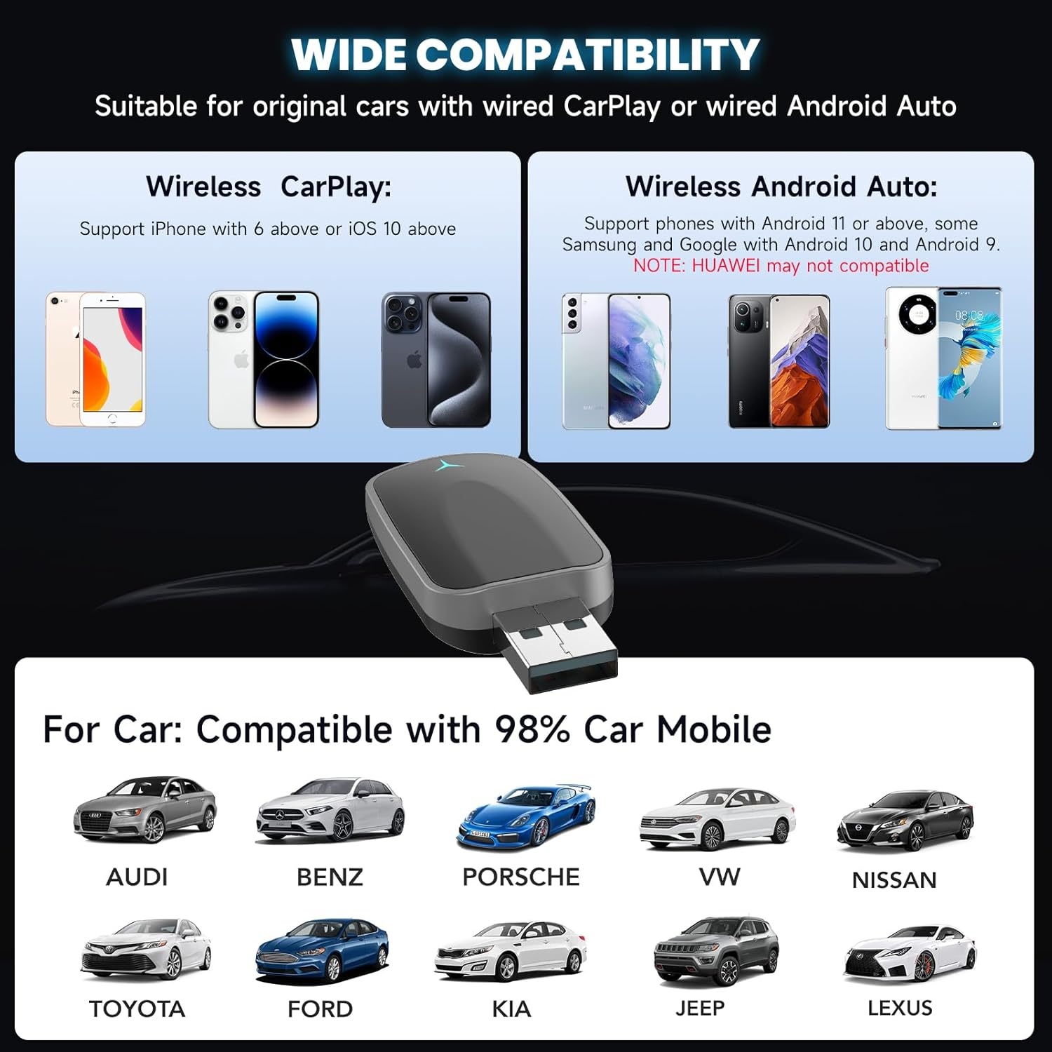 Breite Kompatibilität: iPhones & Androids für CarPlay/Android Auto, diverse Automarken.
