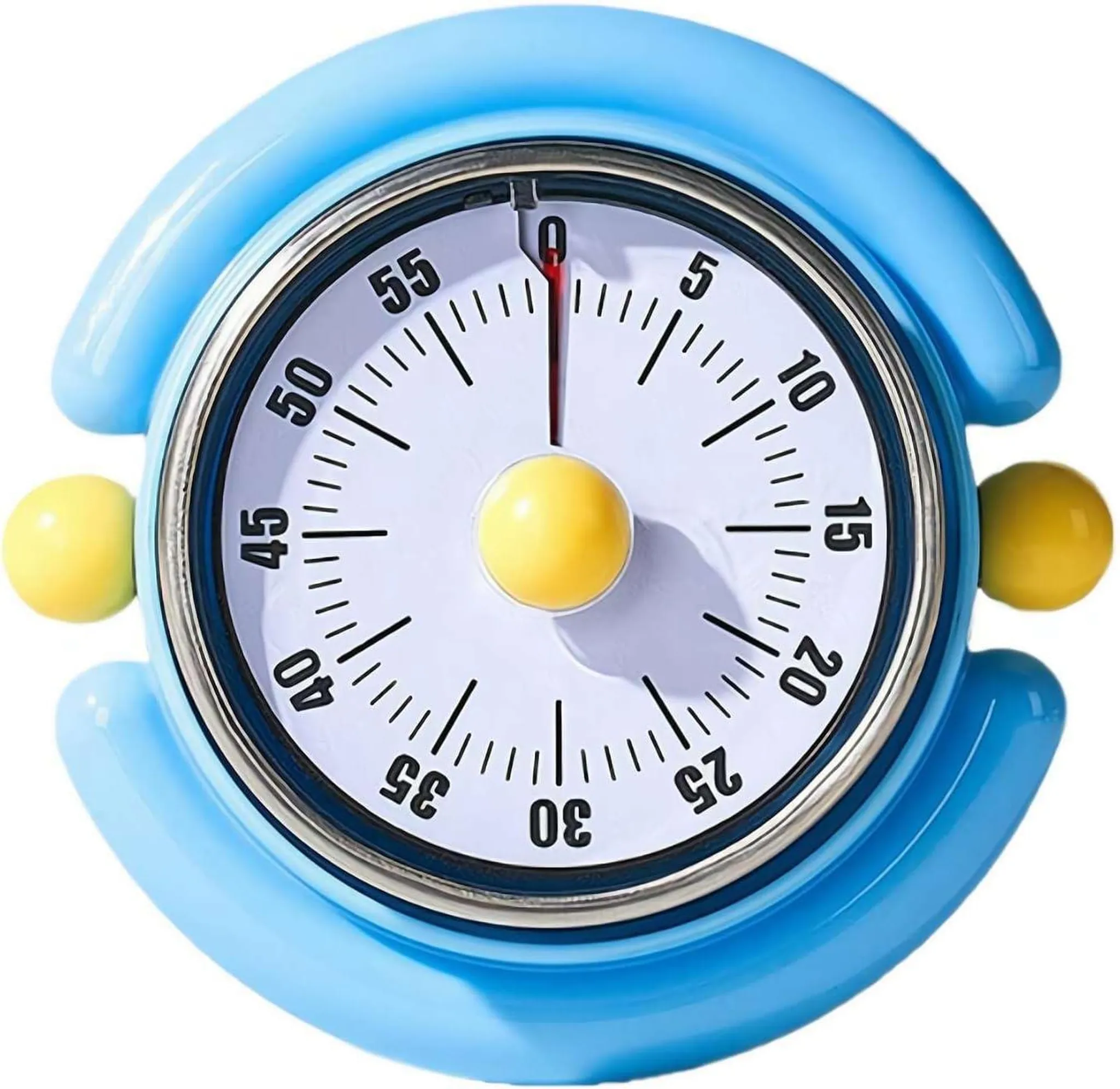 Ein blauer Küchentimer mit gelben Knöpfen und rotem Zeiger auf Null.