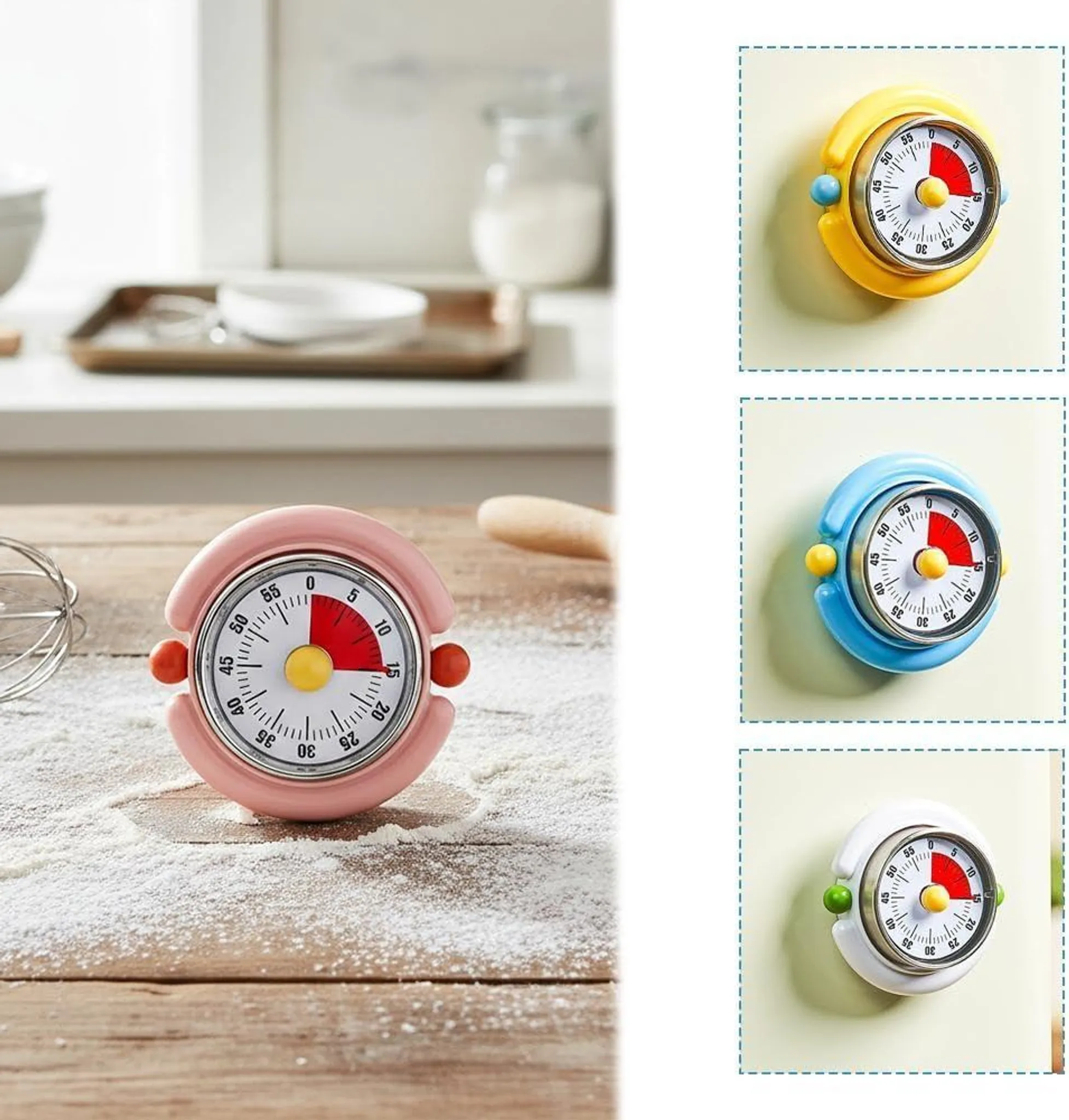 Ein pinker Küchentimer auf einer mit Mehl bestreuten Holzoberfläche. Drei weitere Timer in Gelb, Blau und Weiß sind zu sehen.