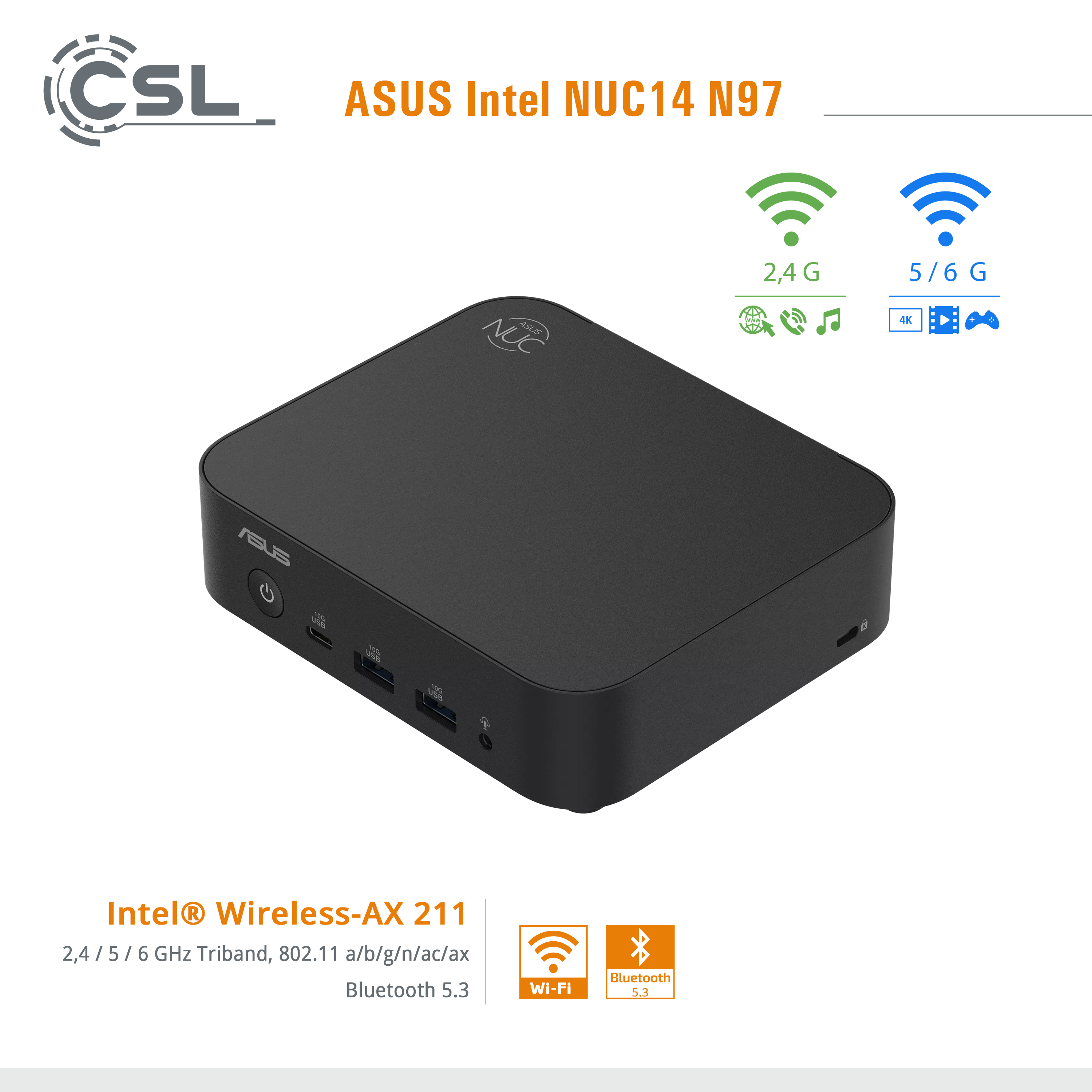 Zwarte ASUS Intel NUC14 N97 mini-pc met poorten en Wi-Fi-pictogrammen.