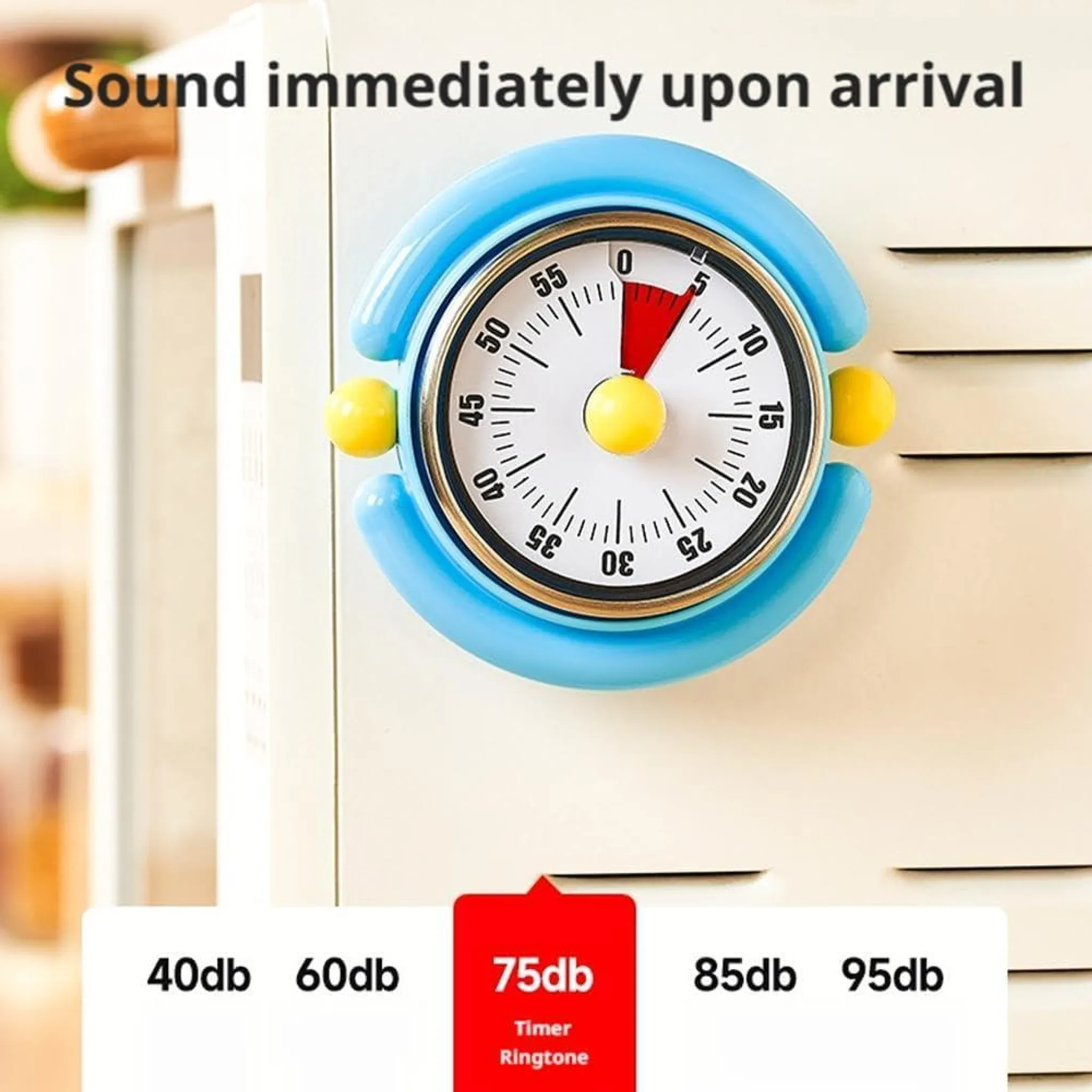 Ein blauer Timer mit gelben Akzenten auf einem weißen Gerät.