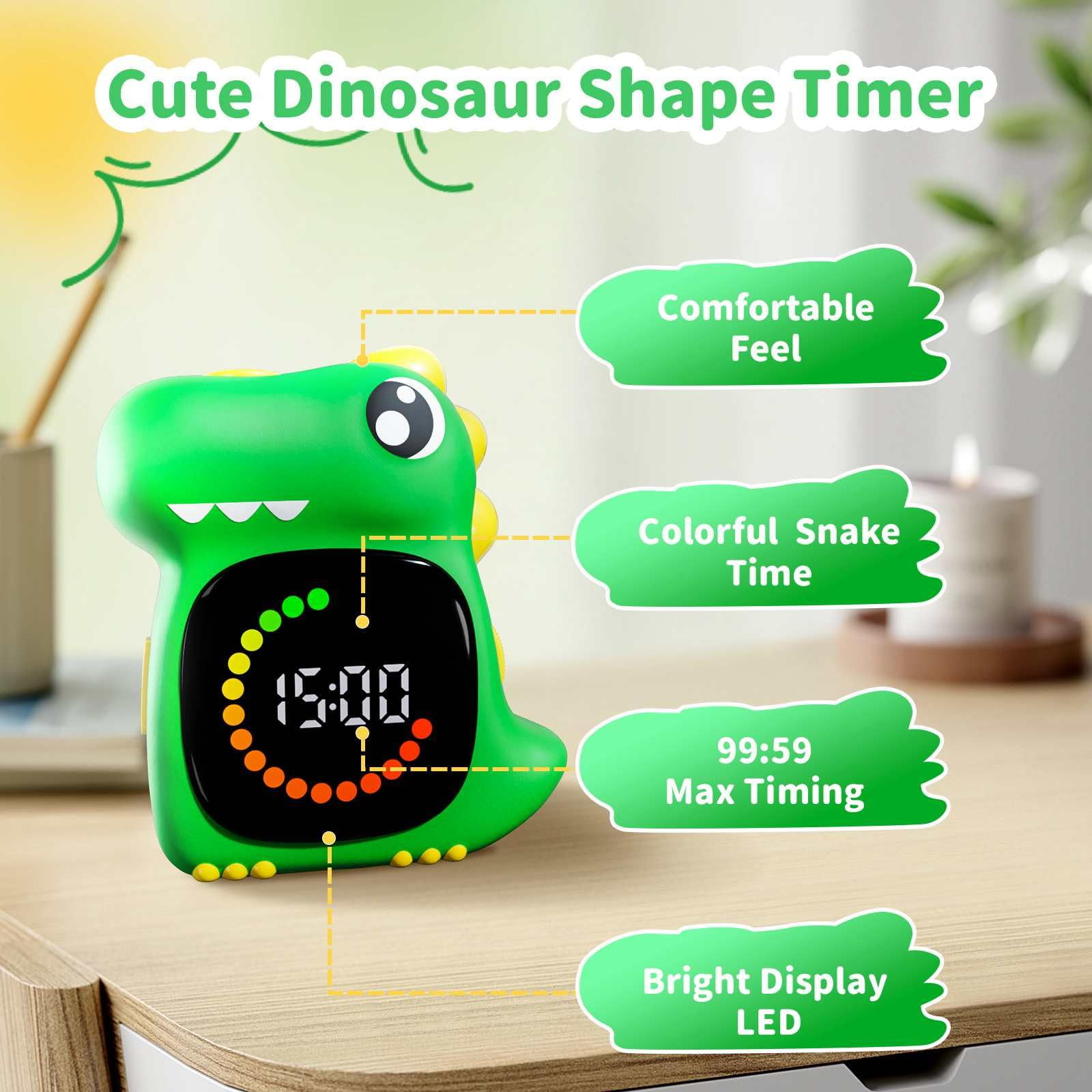 Grüner Dinosaurier-Wecker mit LED-Anzeige, die 15:00 Uhr anzeigt.