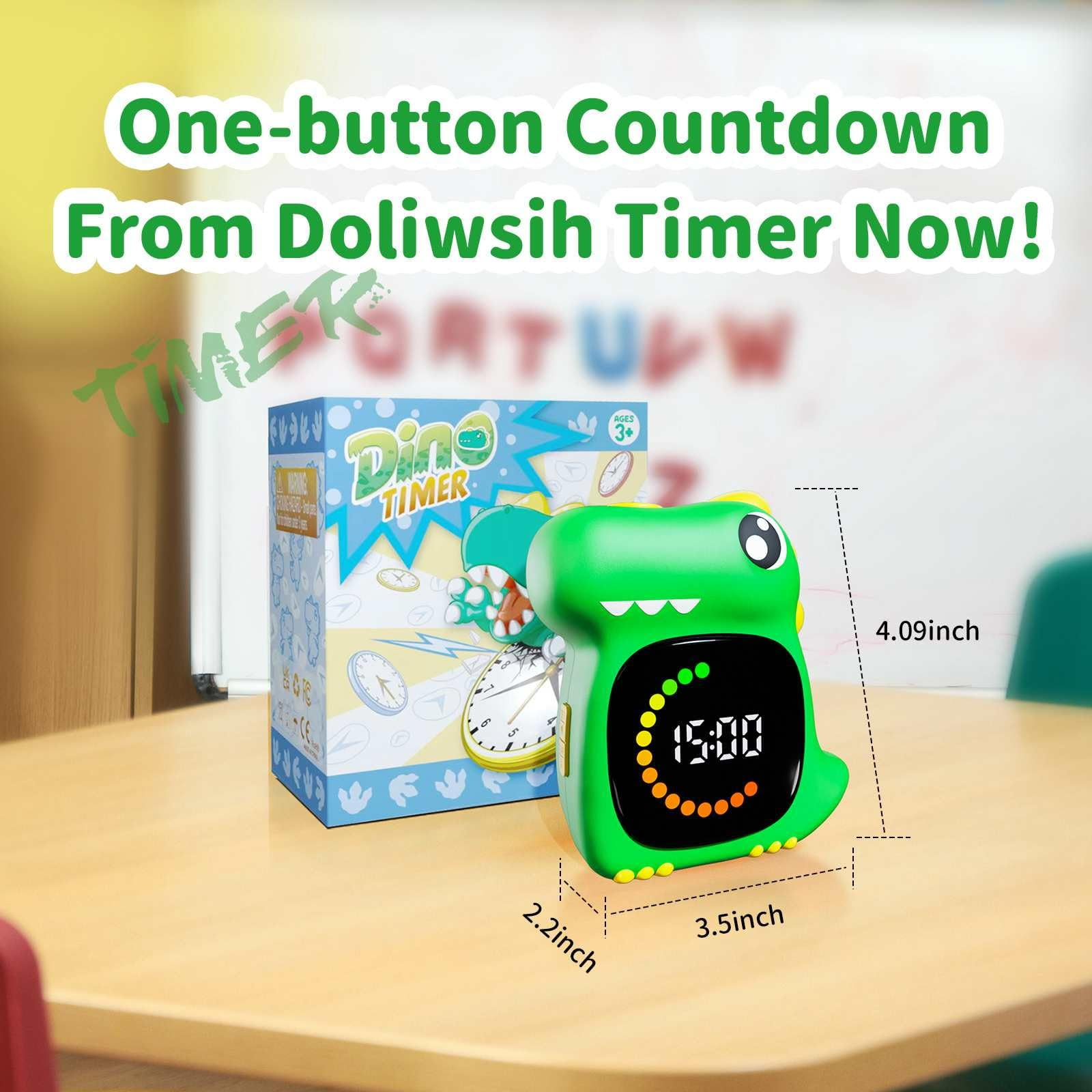 Grüner Dinosaurier-Timer mit Digitalanzeige (15:00). Box daneben.