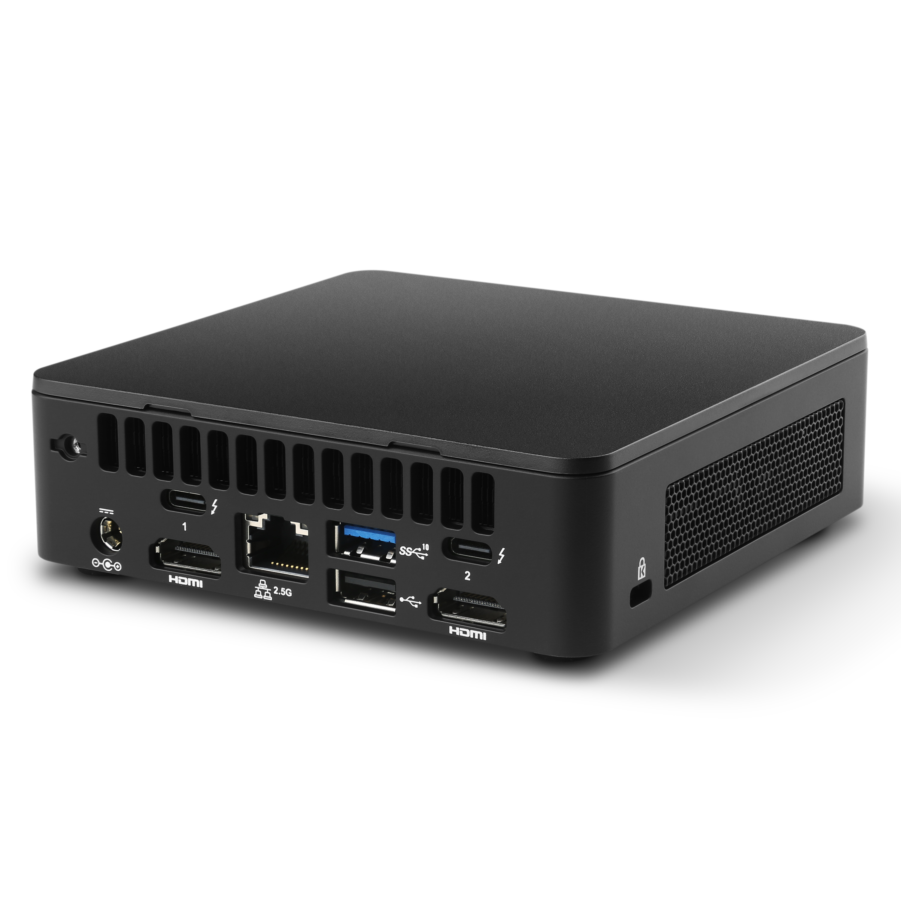 Black mini PC with ports: USB, HDMI, Ethernet, power.