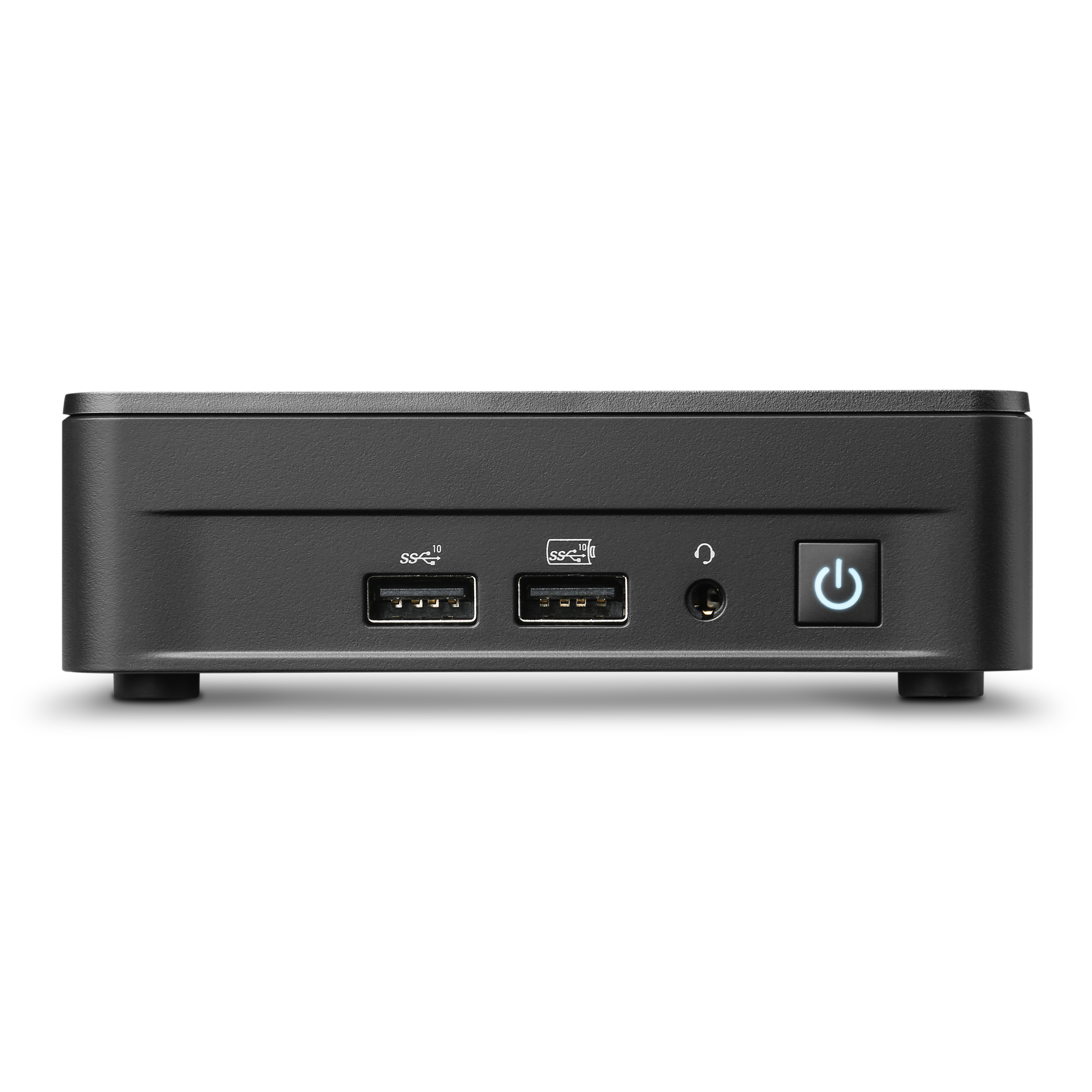 A small black computer with USB ports, headphone jack, and power button.