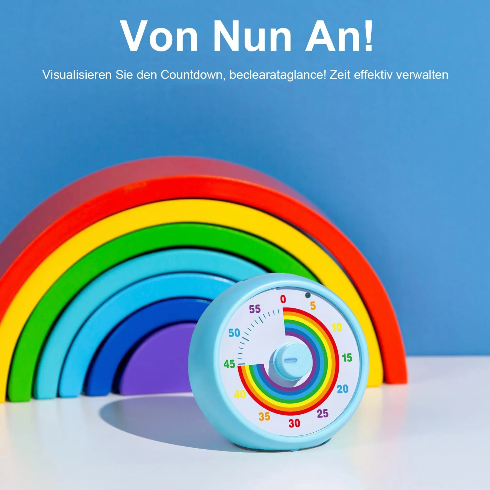 Ein Regenbogen-Spielzeug und ein Timer mit Regenbogen-Design.
