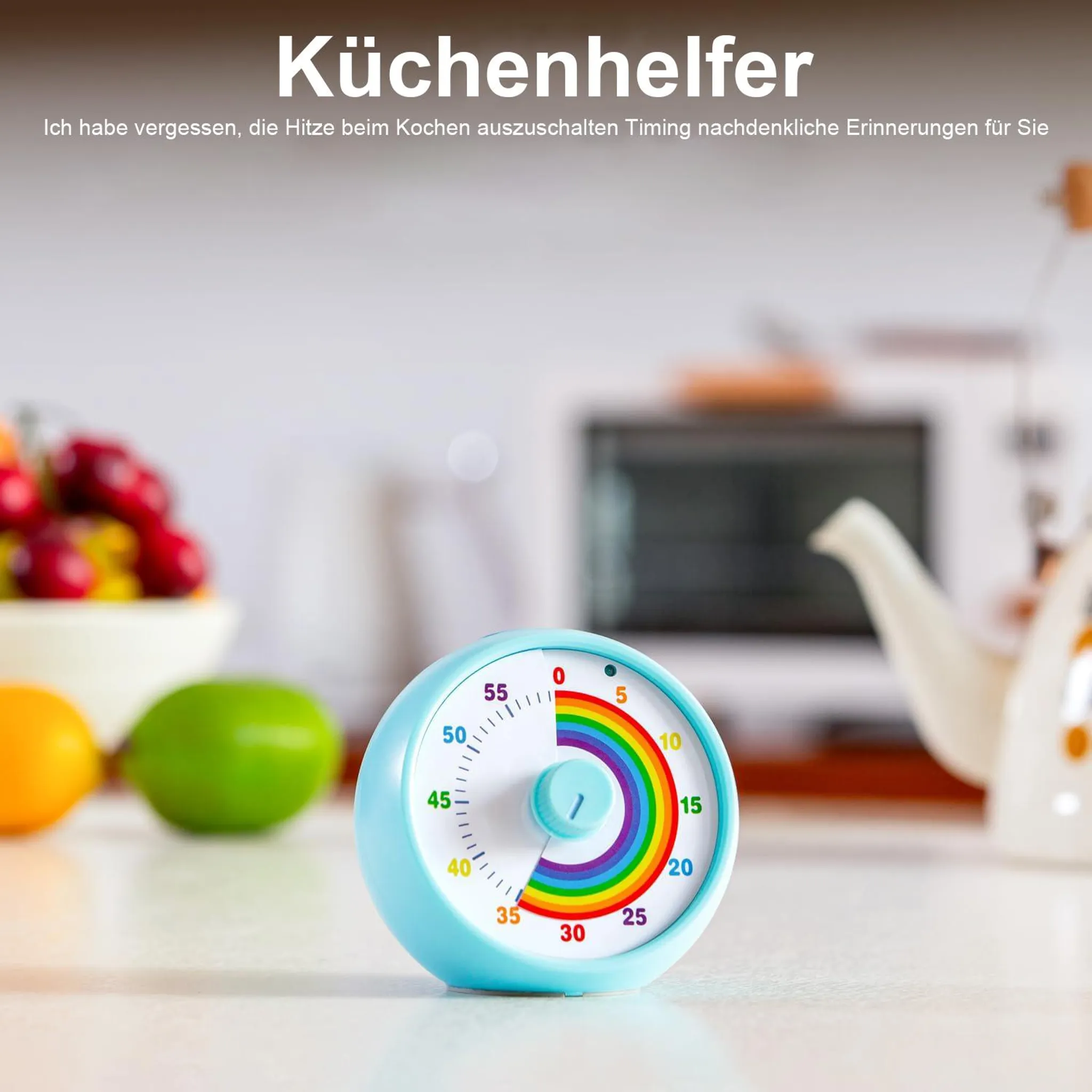 Ein blauer Küchentimer mit Regenbogen-Design und Obst im Hintergrund.