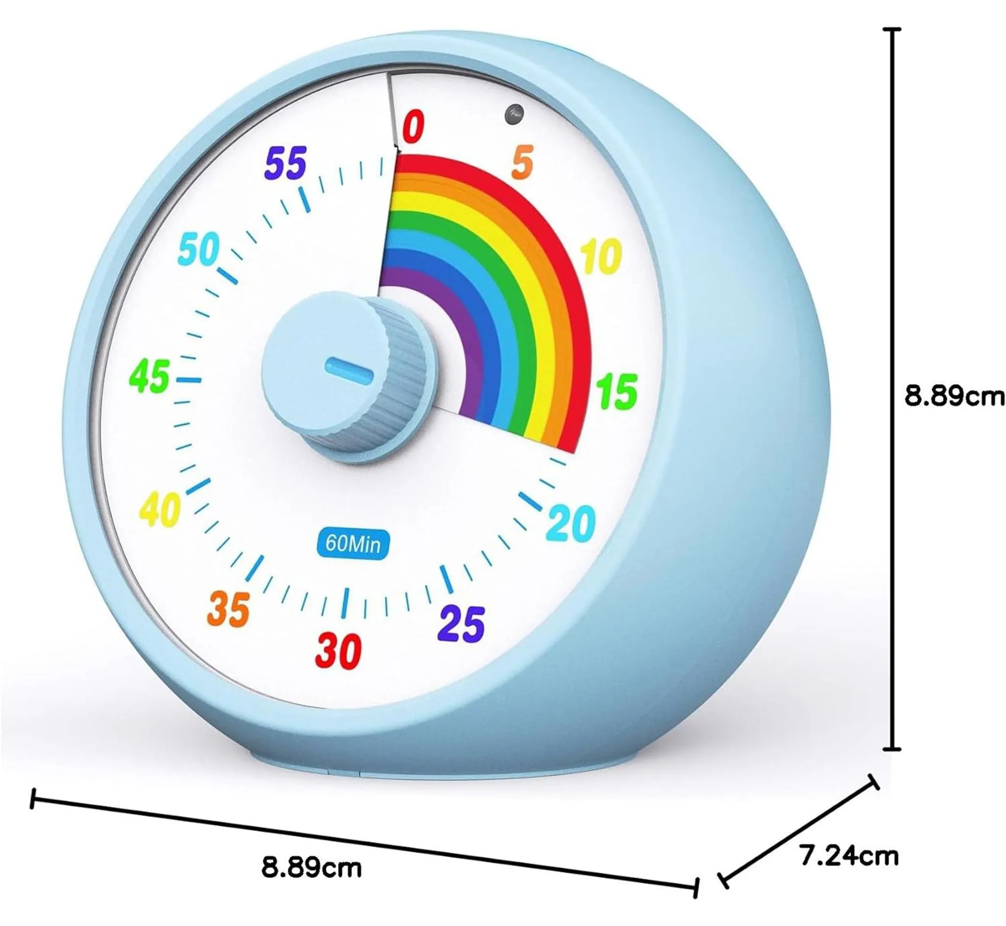 Ein hellblauer Timer mit Regenbogenanzeige und Zeitmarkierungen.