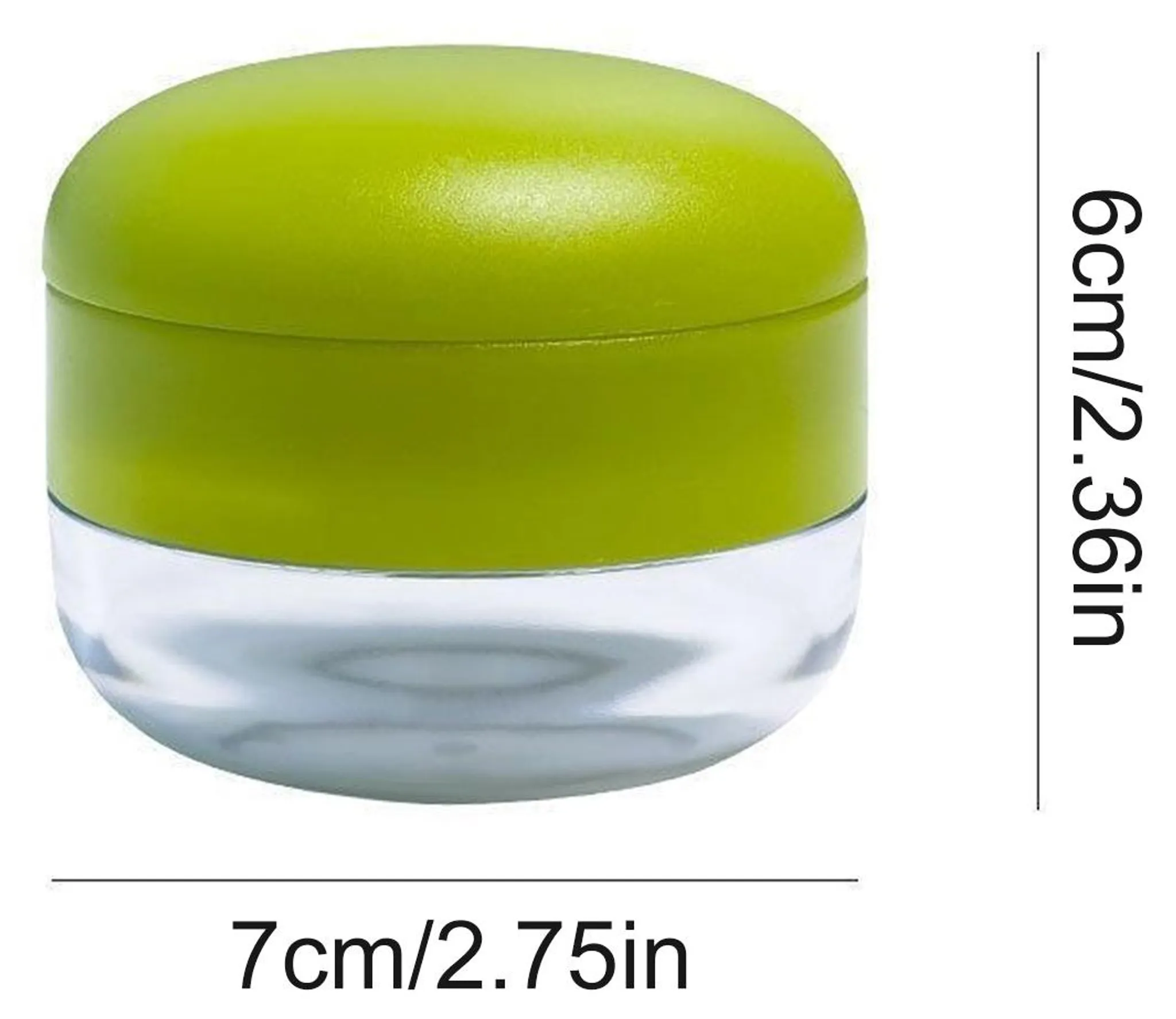 Grüner Behälter mit durchsichtigem Boden, 7 cm breit, 6 cm hoch.