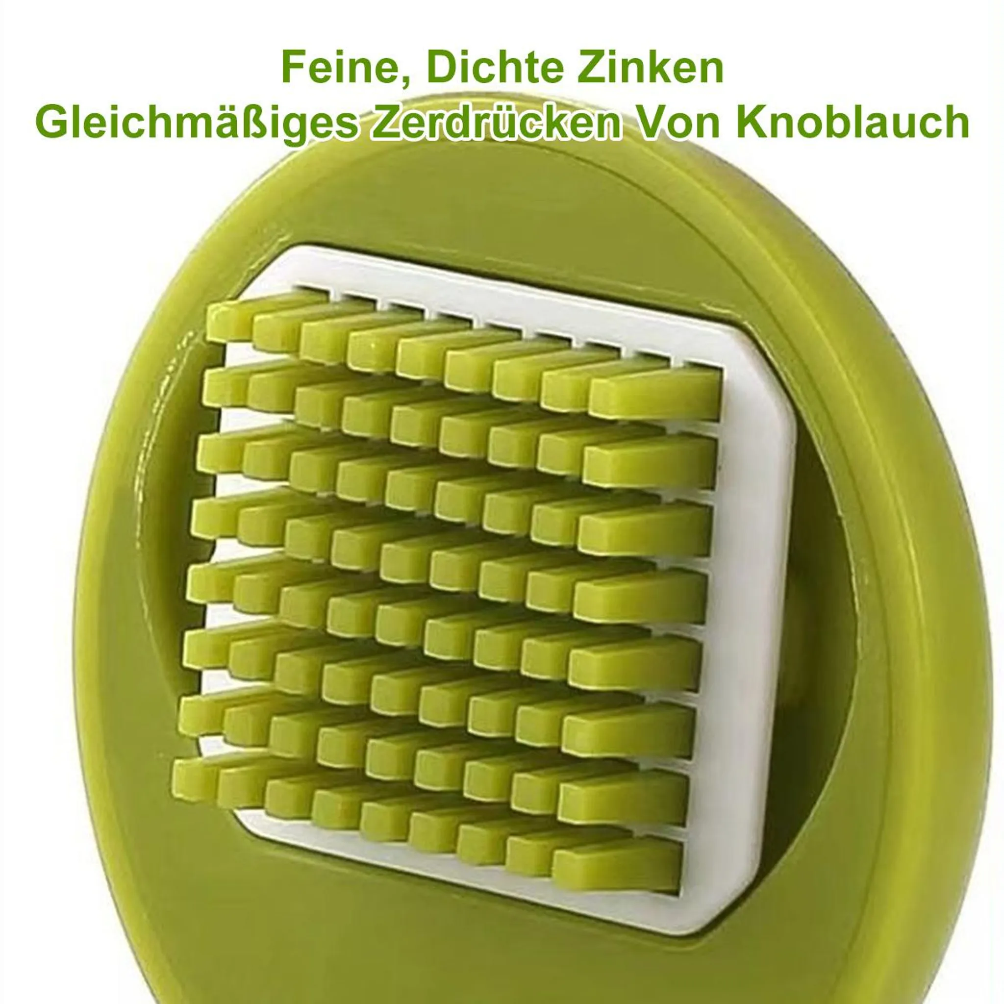 Grüner Knoblauchschneider mit vielen kleinen grünen Klingen für gleichmäßiges Zerkleinern.