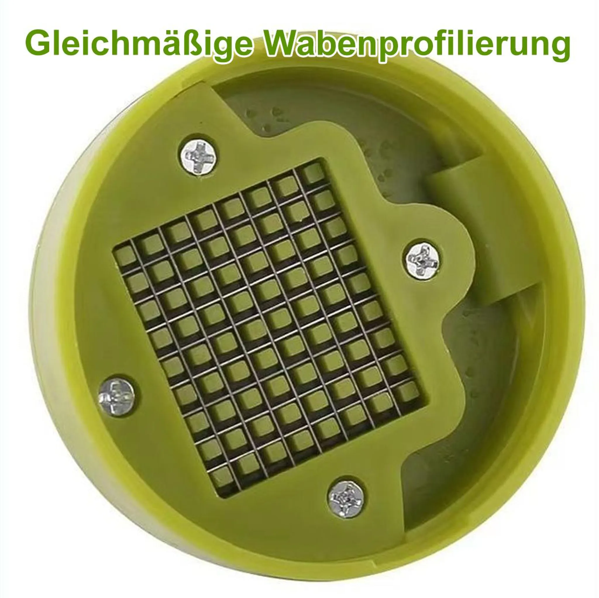 Grüner Würfelschneideraufsatz mit Metallklingen und Kreuzschlitzschrauben.