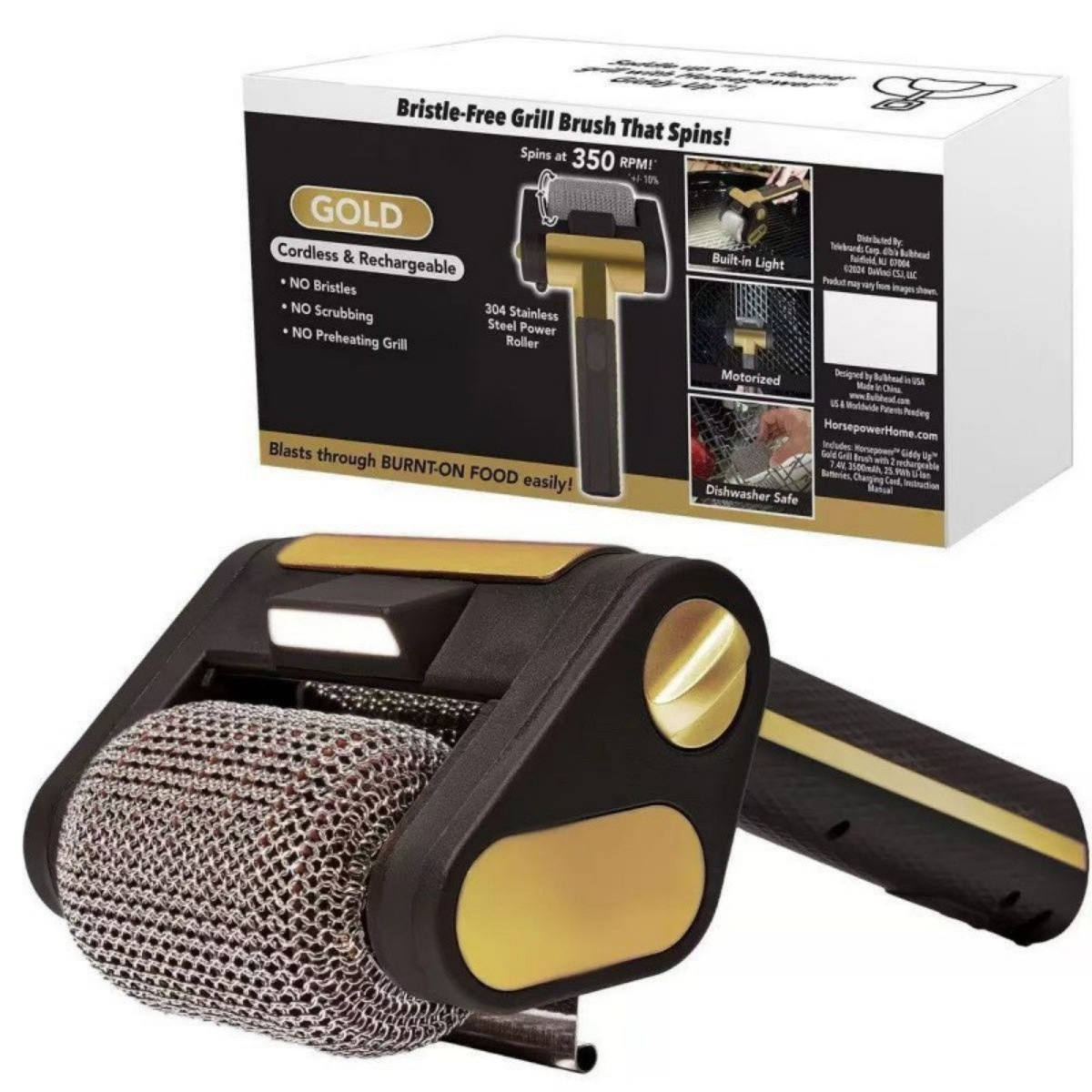 Ein goldener, kabelloser Grillbürstenreiniger mit Metallrolle und eingebautem Licht.