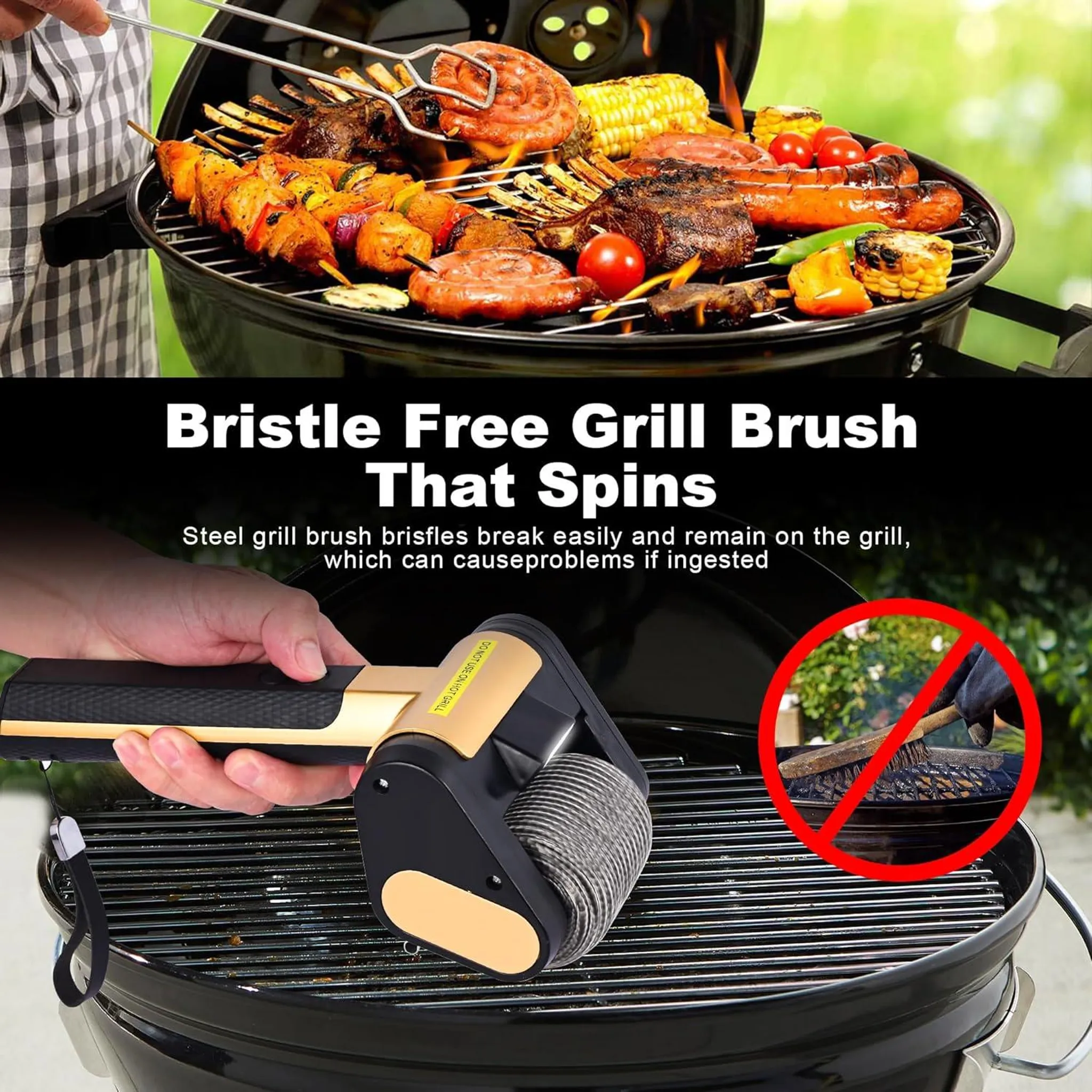 Ein Mann reinigt einen Grill mit einer rotierenden Bürste. Oben sind gegrillte Speisen zu sehen.