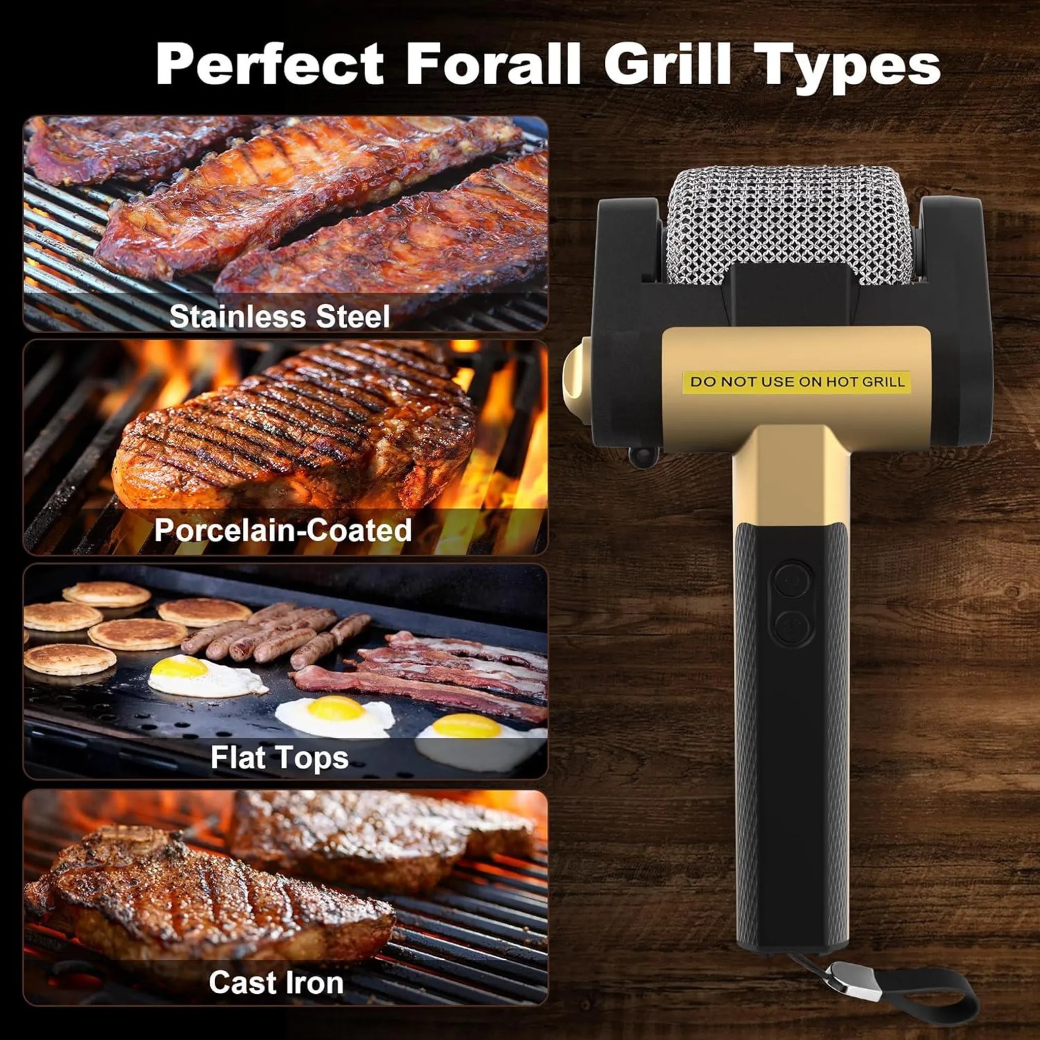 Ein Grill-Räuchergerät mit verschiedenen Grillbildern: Rippchen, Steak, Würstchen, Eier, Speck.