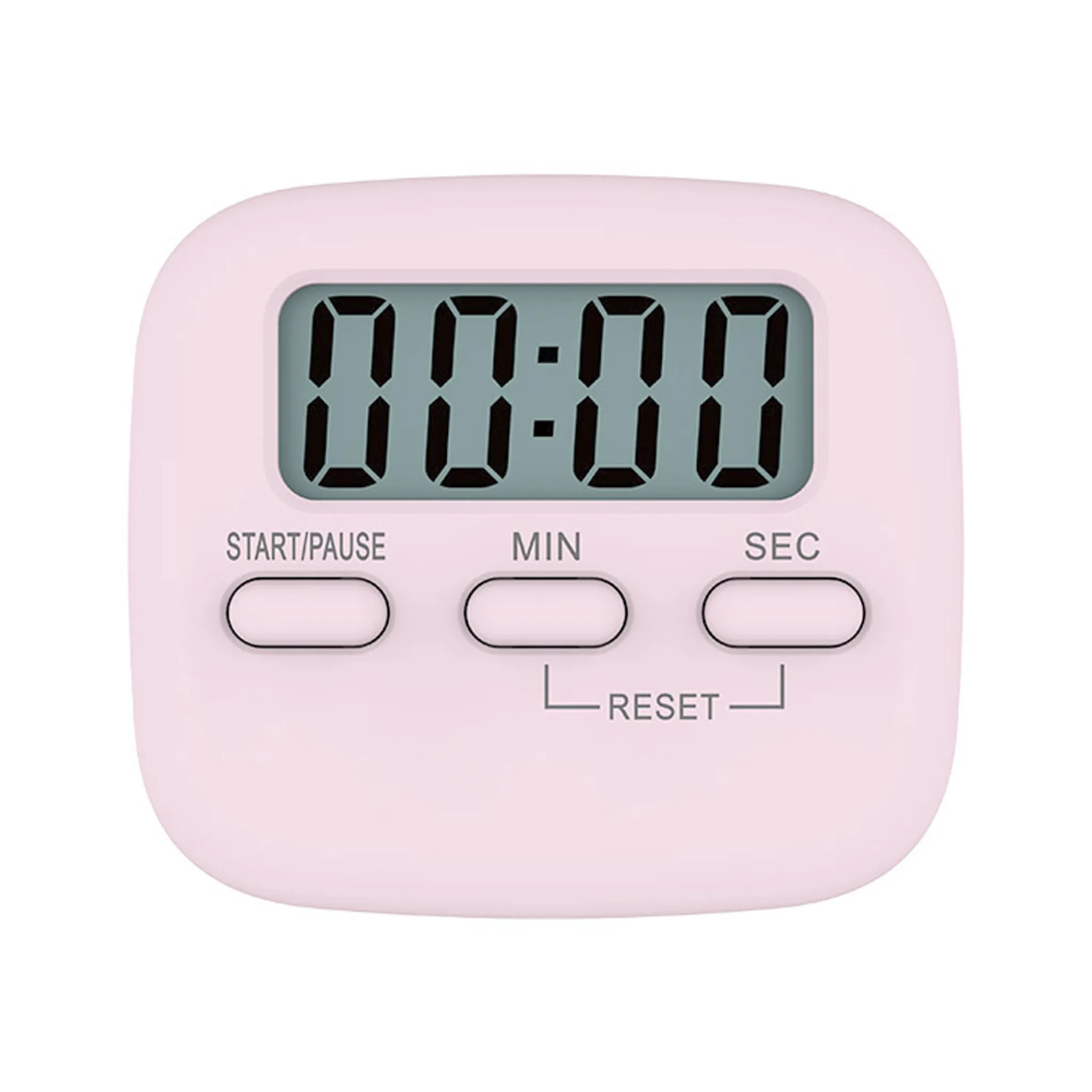 Ein kleiner rosa Küchentimer mit digitaler Anzeige und drei Knöpfen: Start/Pause, Min und Sek.