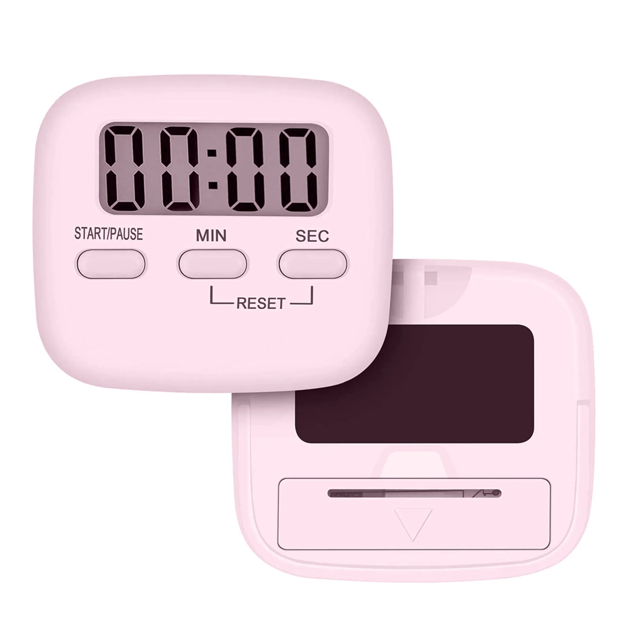 Ein rosafarbener digitaler Timer mit schwarzem Display und drei Knöpfen.