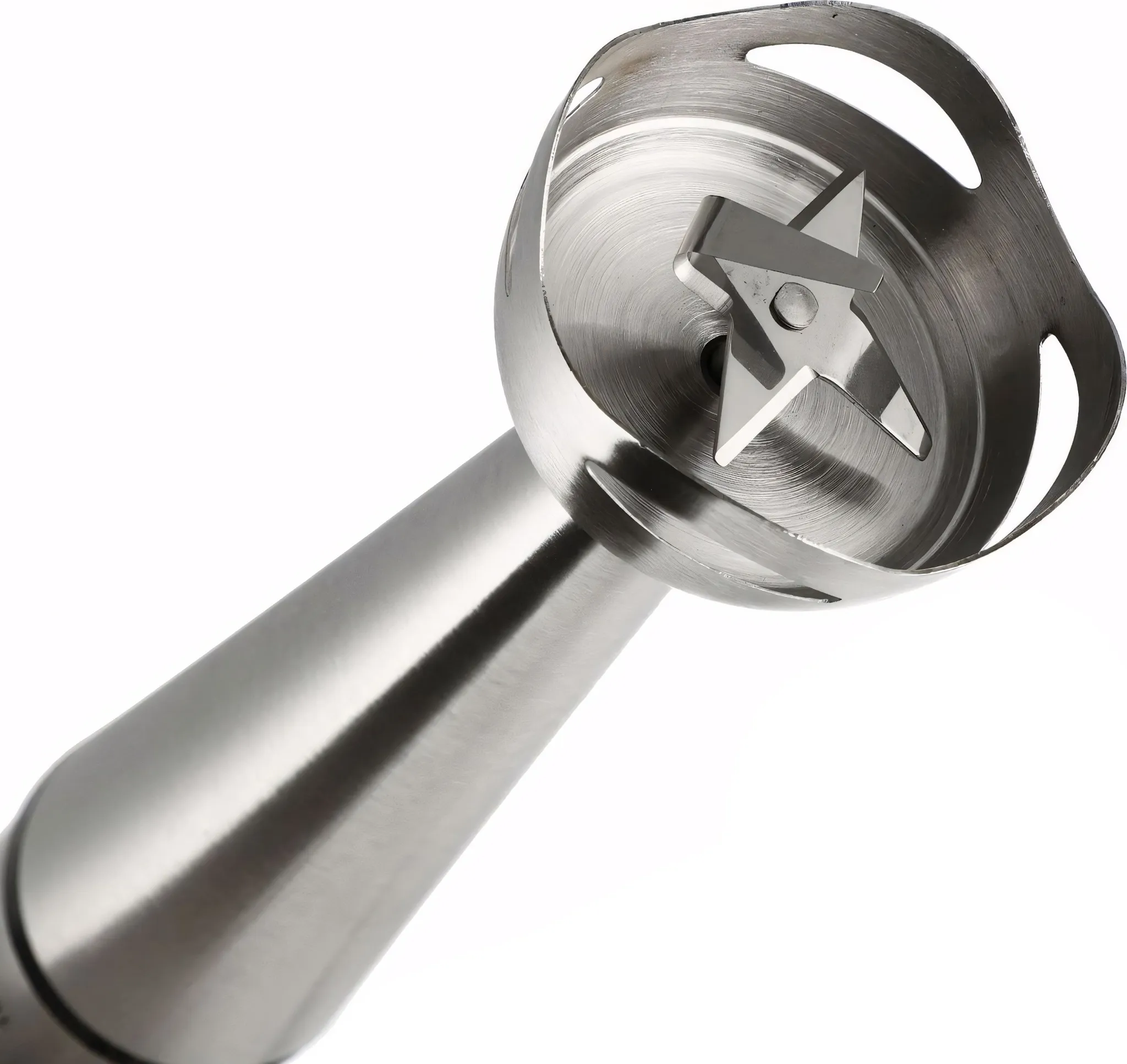 Edelstahl-Handmixer-Aufsatz mit vier Klingen auf weißem Hintergrund.