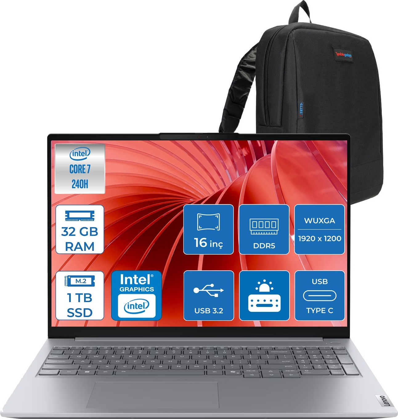 LENOVO ThinkBook 16 G8 DDR5 WUXGA IPS 60Hz 21SH009GTXF10 Intel Core 7 240H 32 GB RAM 1 TB SSD 16 inç FreeDOS Laptop+Çanta Gri