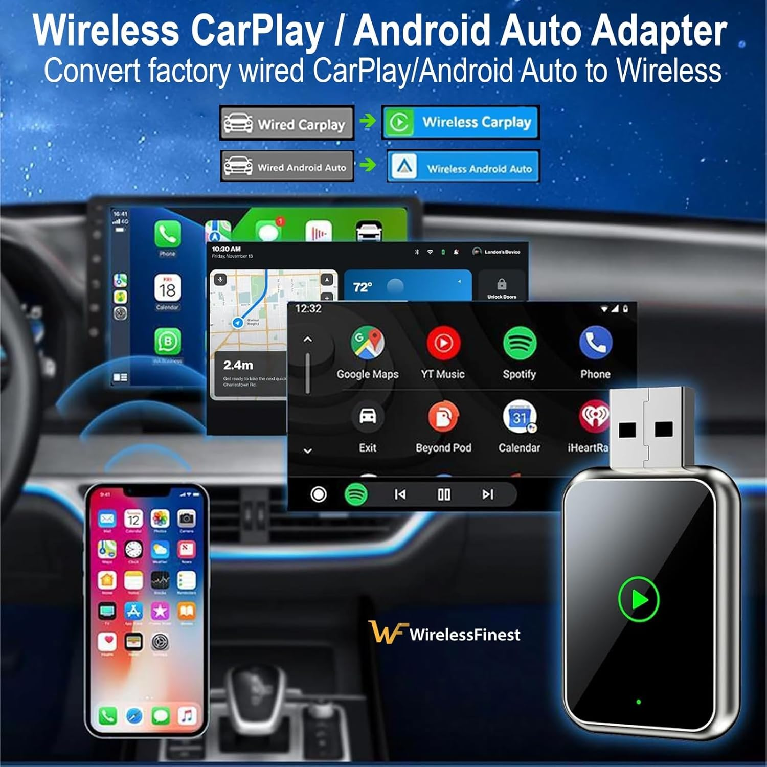 Ein USB-Adapter für drahtloses CarPlay/Android Auto, der auf einem Autodisplay mit Smartphone-Apps angezeigt wird.