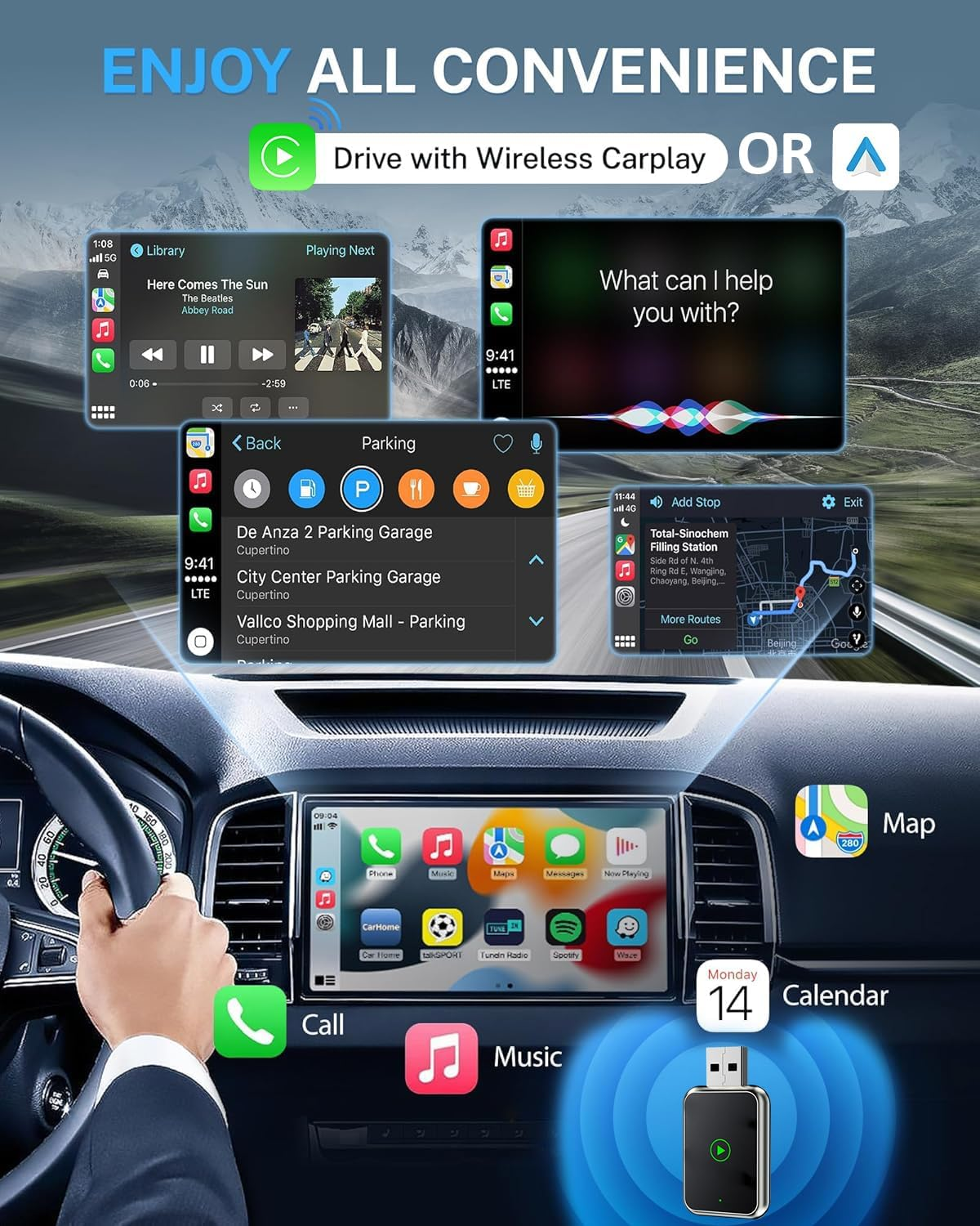 Ein Auto-Infotainmentsystem mit mehreren Bildschirmen, das Carplay, Navigation und Musik anzeigt.