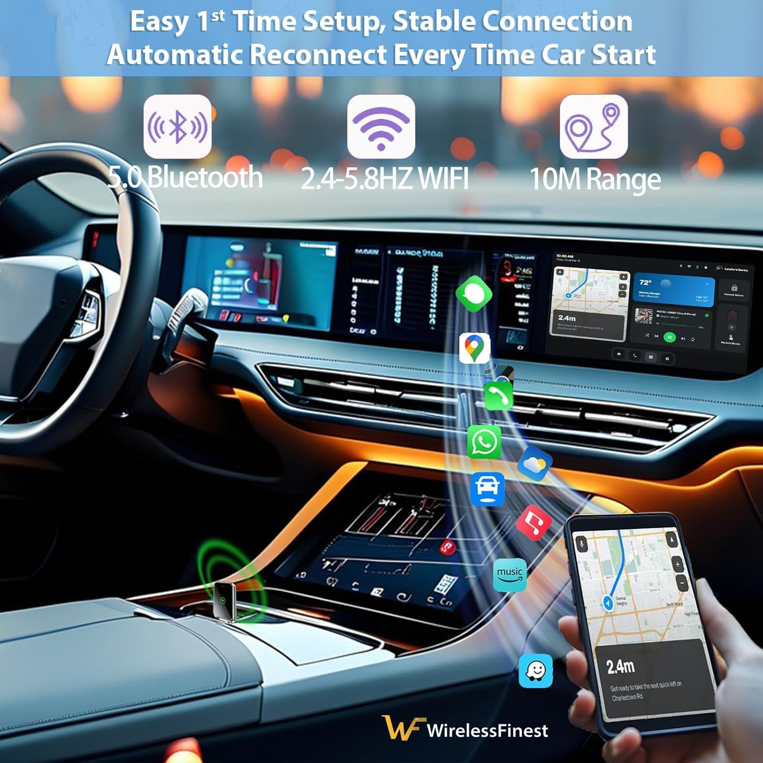 Moderne Autokabine mit App-Symbolen, die vom Telefon auf den Touchscreen fliegen.