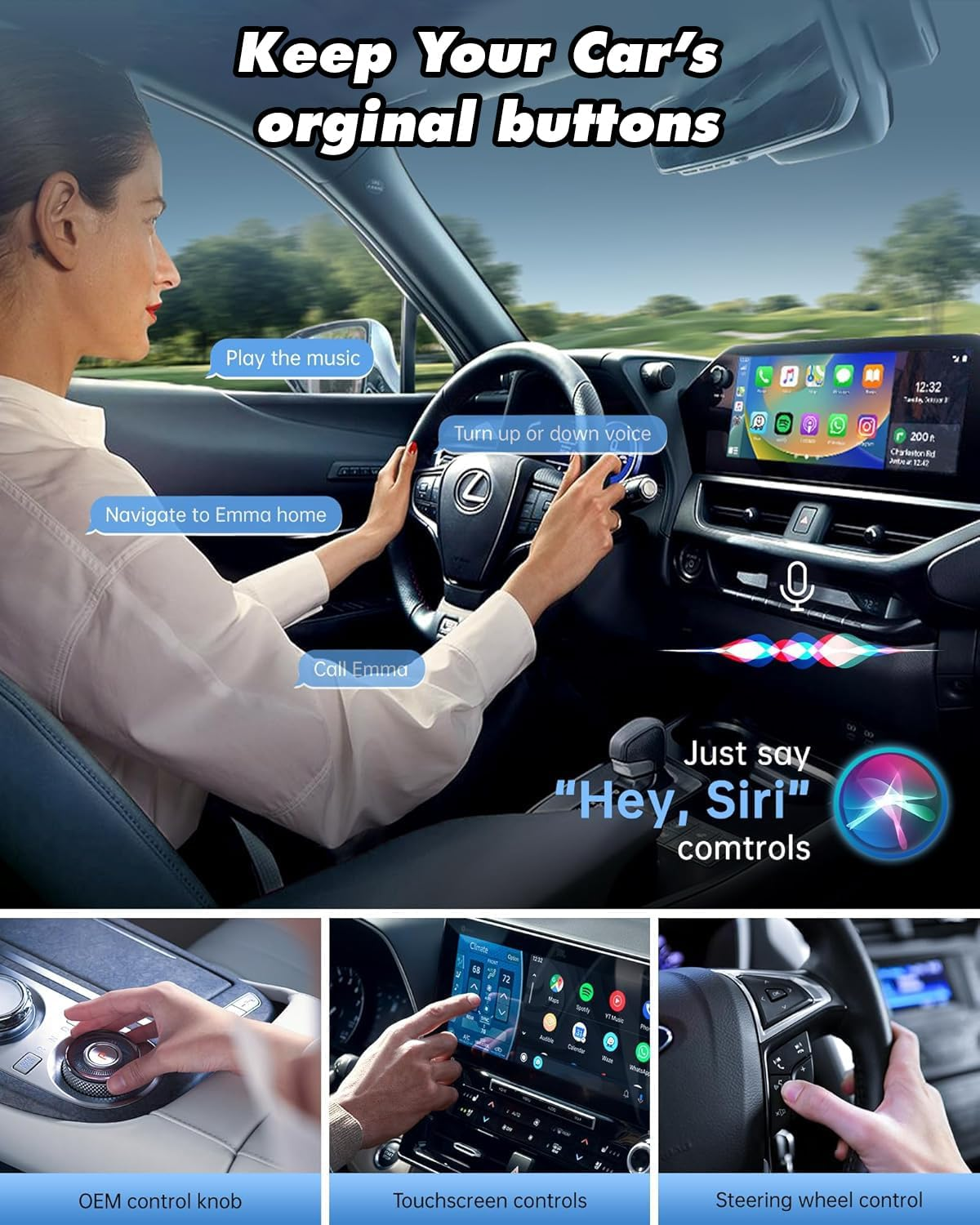 Frau am Steuer, mit Sprachbefehlen und Auto-Infotainment-System.