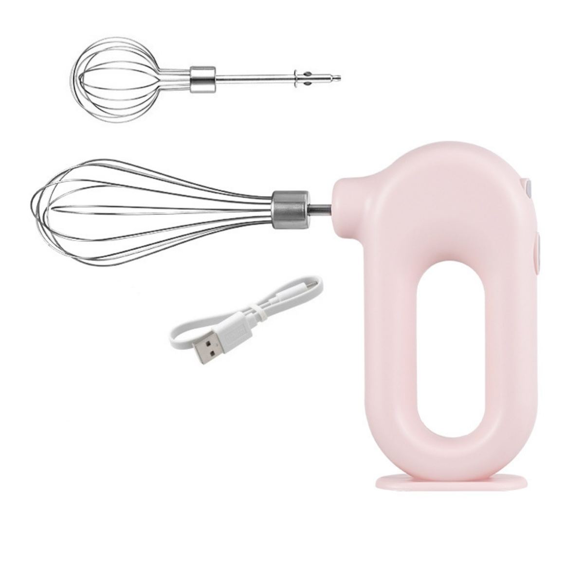 Pinker Handmixer mit zwei Schneebesen und einem USB-Ladekabel auf weißem Grund.
