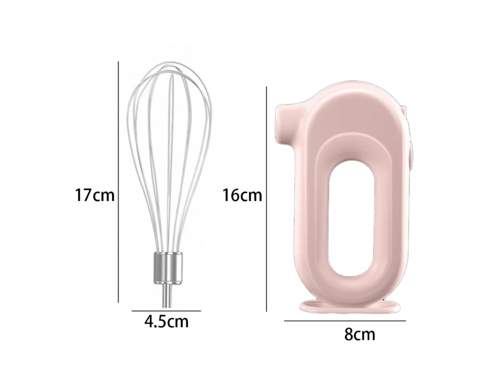 Ein rosa Handmixer und ein Schneebesen werden nebeneinander gezeigt.