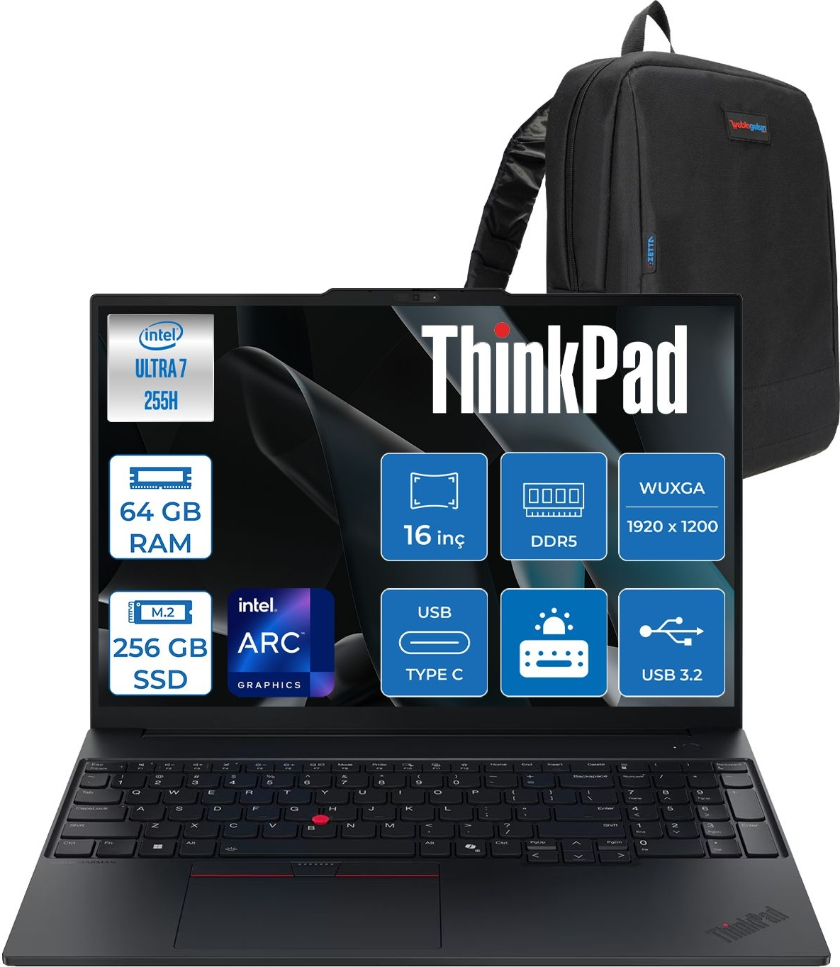LENOVO ThinkPad E16 Gen3 DDR5 WUXGA IPS 21SR006RTXF26 Intel Core Ultra 7 255H 64 GB RAM 256 GB SSD 16 inç FreeDOS Laptop+Çanta Siyah