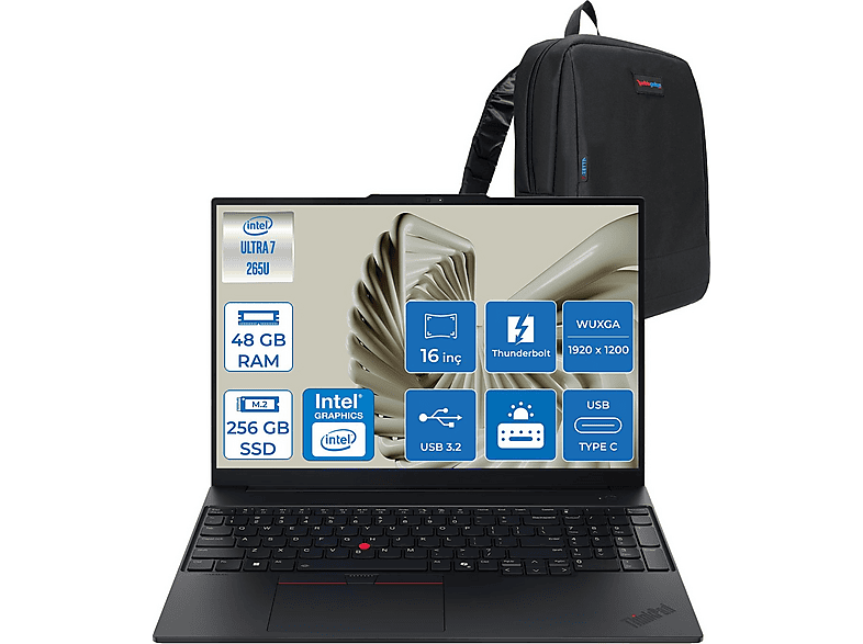 LENOVO ThinkPad E16 Gen3 DDR5 WUXGA IPS 21SR0076TXF21 Intel Core Ultra 7 265U 48 GB RAM 256 GB SSD 16 inç FreeDOS Laptop+Çanta Siyah
