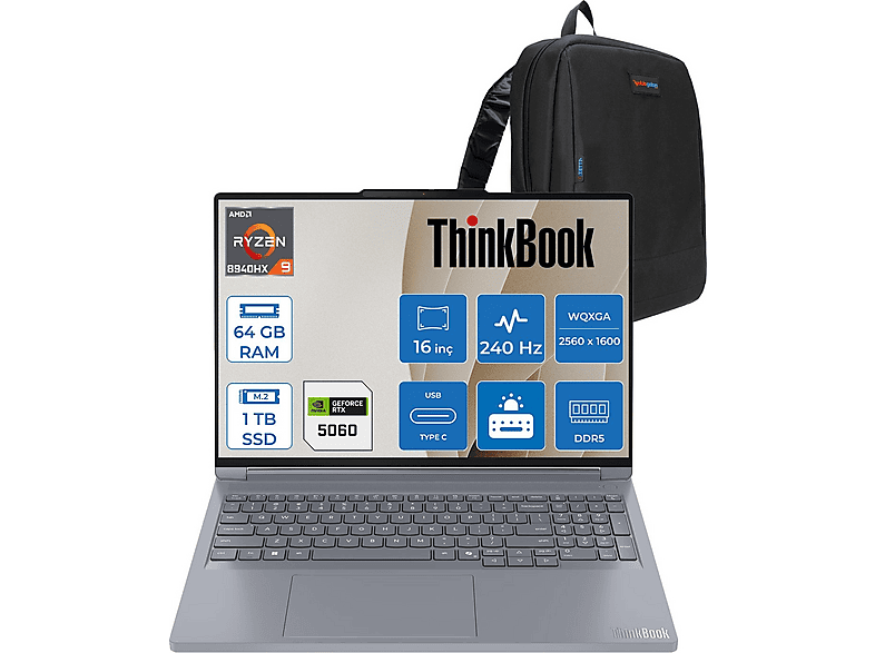 LENOVO ThinkBook 16P G6 ADR 8GB RTX5060 IPS 21U00013TXF22 AMD Ryzen 9 8940HX 64 GB RAM 1 TB SSD 16 inç FreeDOS Laptop+Çanta Gümüş