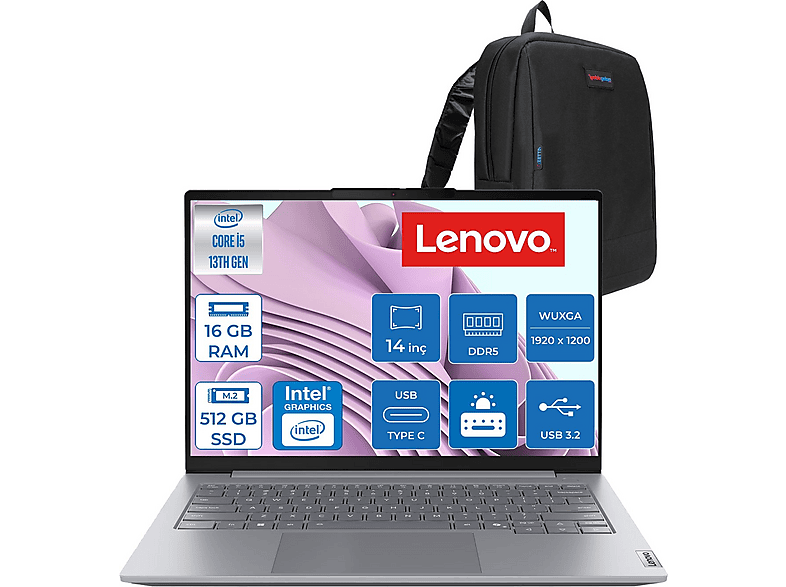 LENOVO ThinkBook 14 G8 DDR5 WUXGA IPS 21SG00L8TXF02 Intel Core i5-13420H 16 GB RAM 512 GB SSD 14 inç FreeDOS Laptop+Çanta Gri