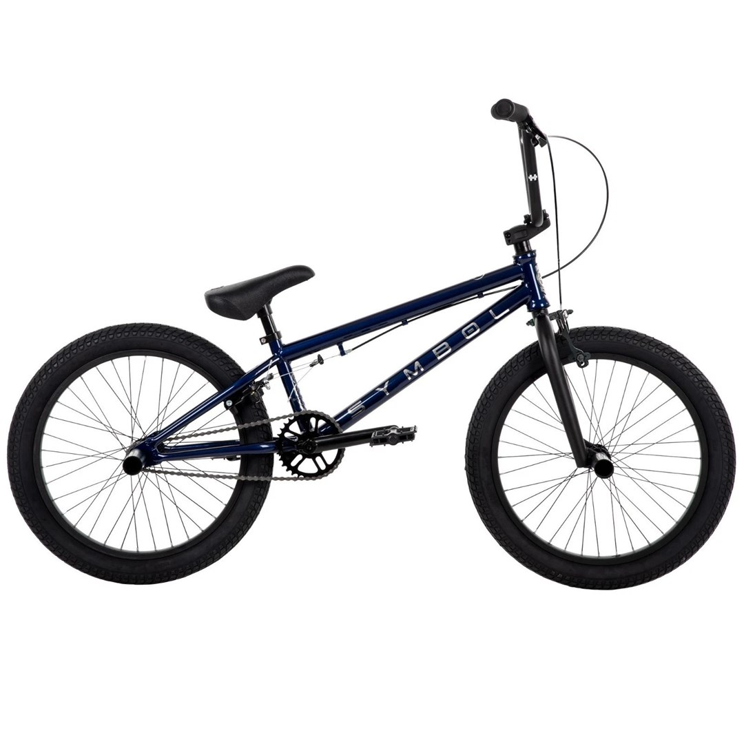 Ciemnoniebieski rower BMX z czarnymi kołami, siodełkiem i kierownicą.