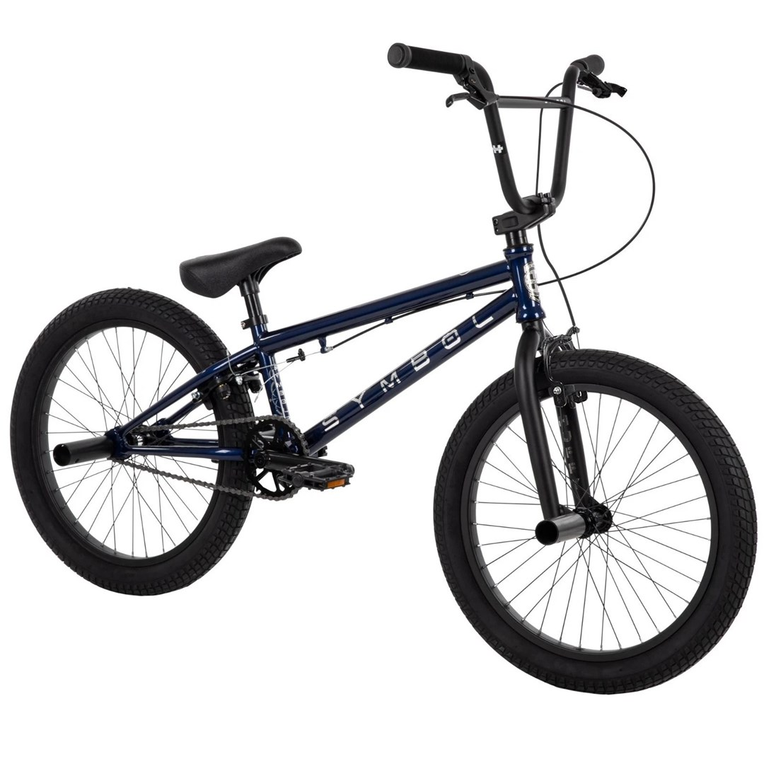 Ciemnoniebieski rower BMX z czarnymi kołami i kierownicą. Biały napis na ramie.