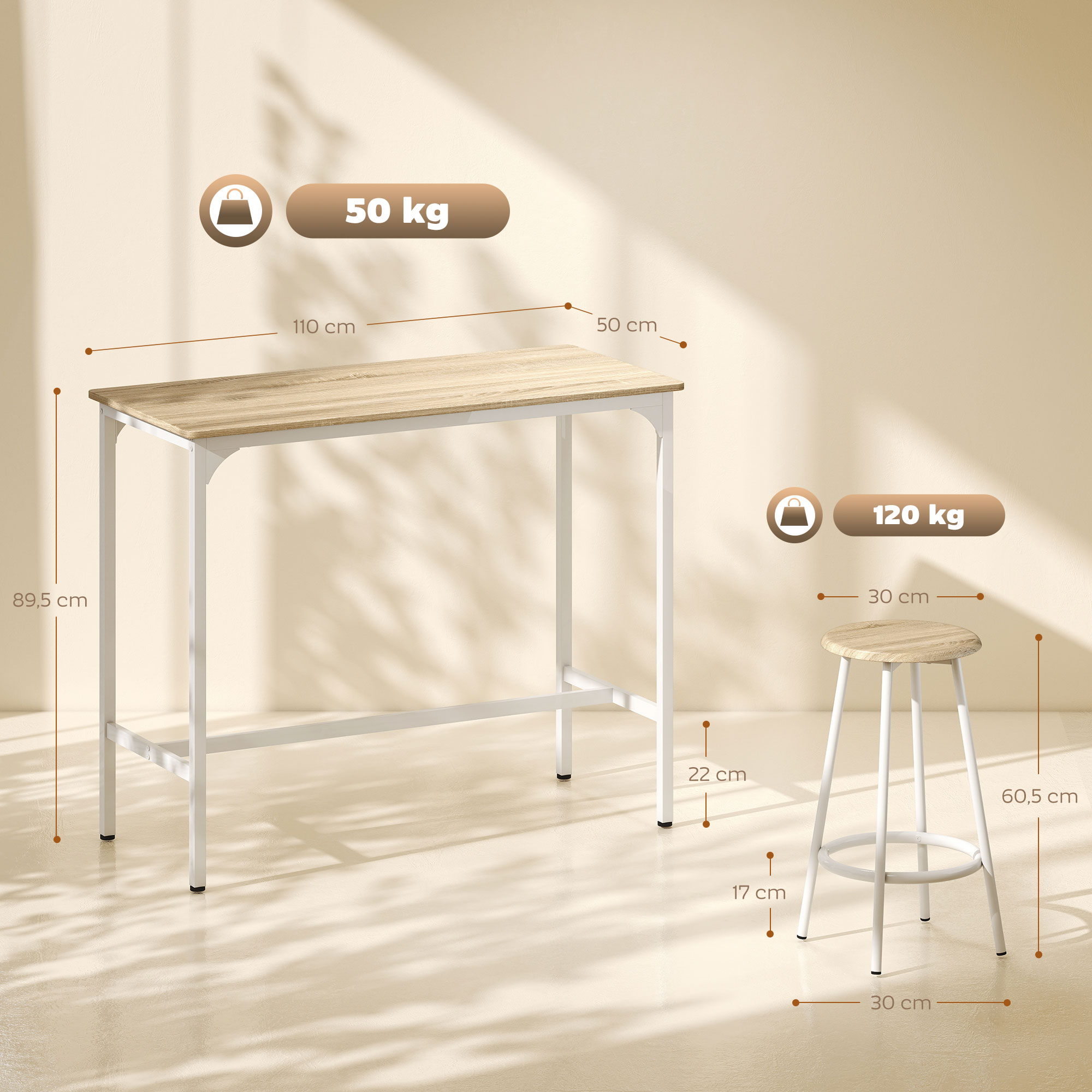 Una mesa alta de madera clara (110x50cm, 89.5cm alto) y un taburete (30cm ancho, 60.5cm alto).
