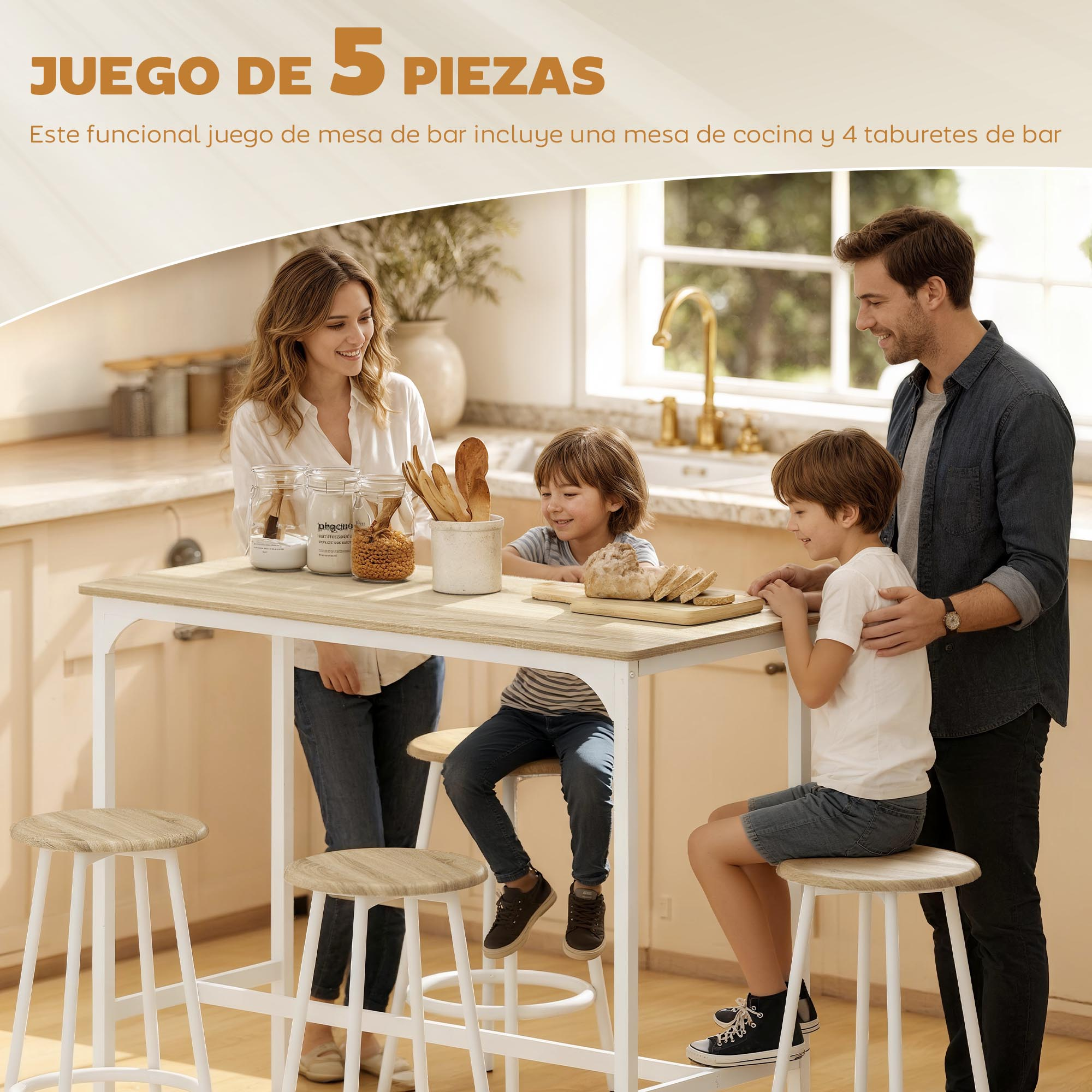 Una familia disfruta pan en una barra de cocina con cuatro taburetes.