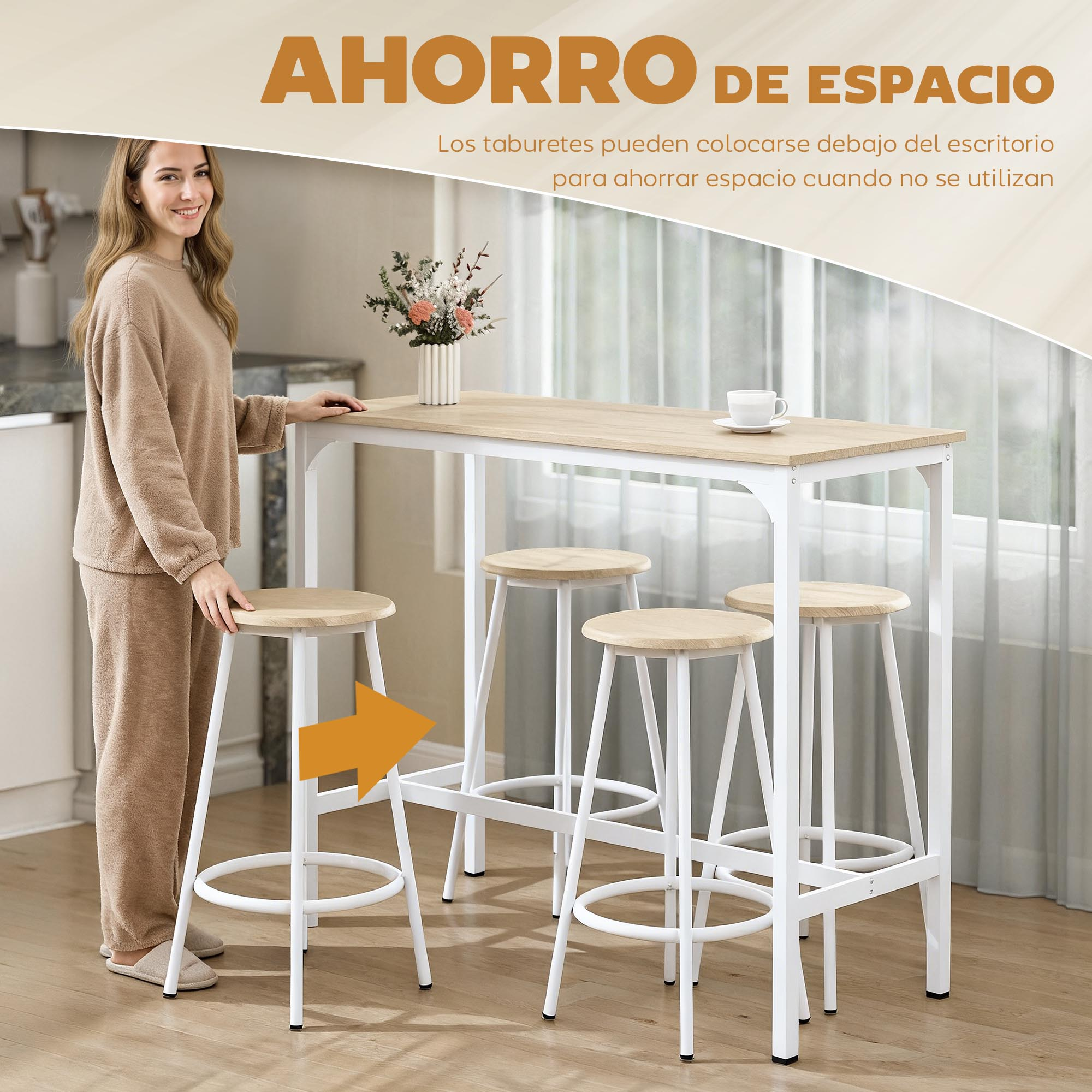 Una mujer junto a una mesa alta con cuatro taburetes. Una flecha apunta a un taburete.