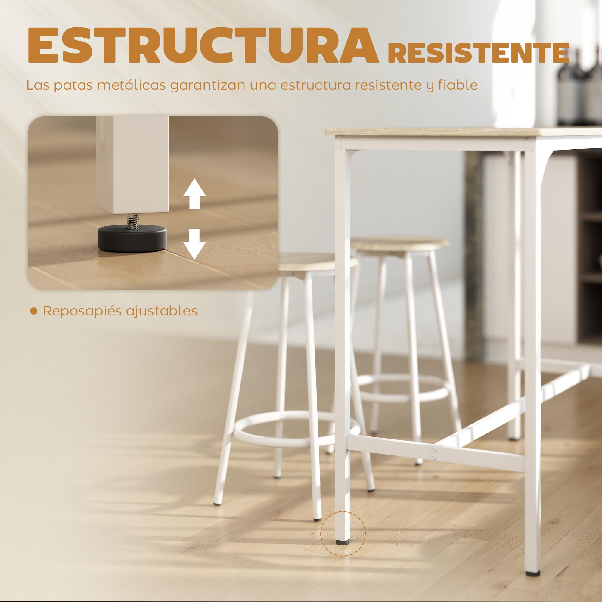 Mesa de estructura metálica con taburetes. Primer plano de un pie ajustable.