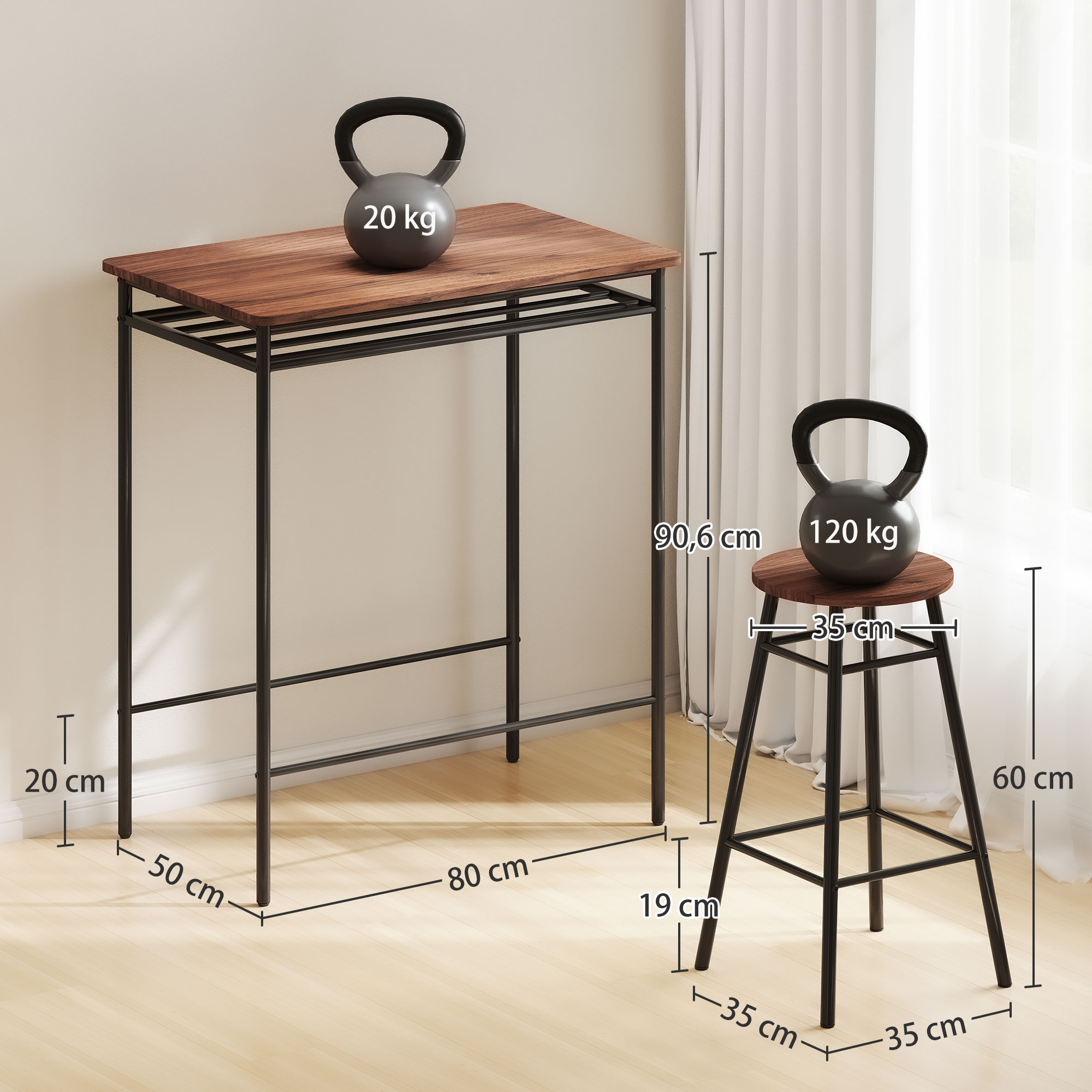 Una mesa alta de madera con una pesa rusa de 20 kg y un taburete con una pesa rusa de 120 kg.