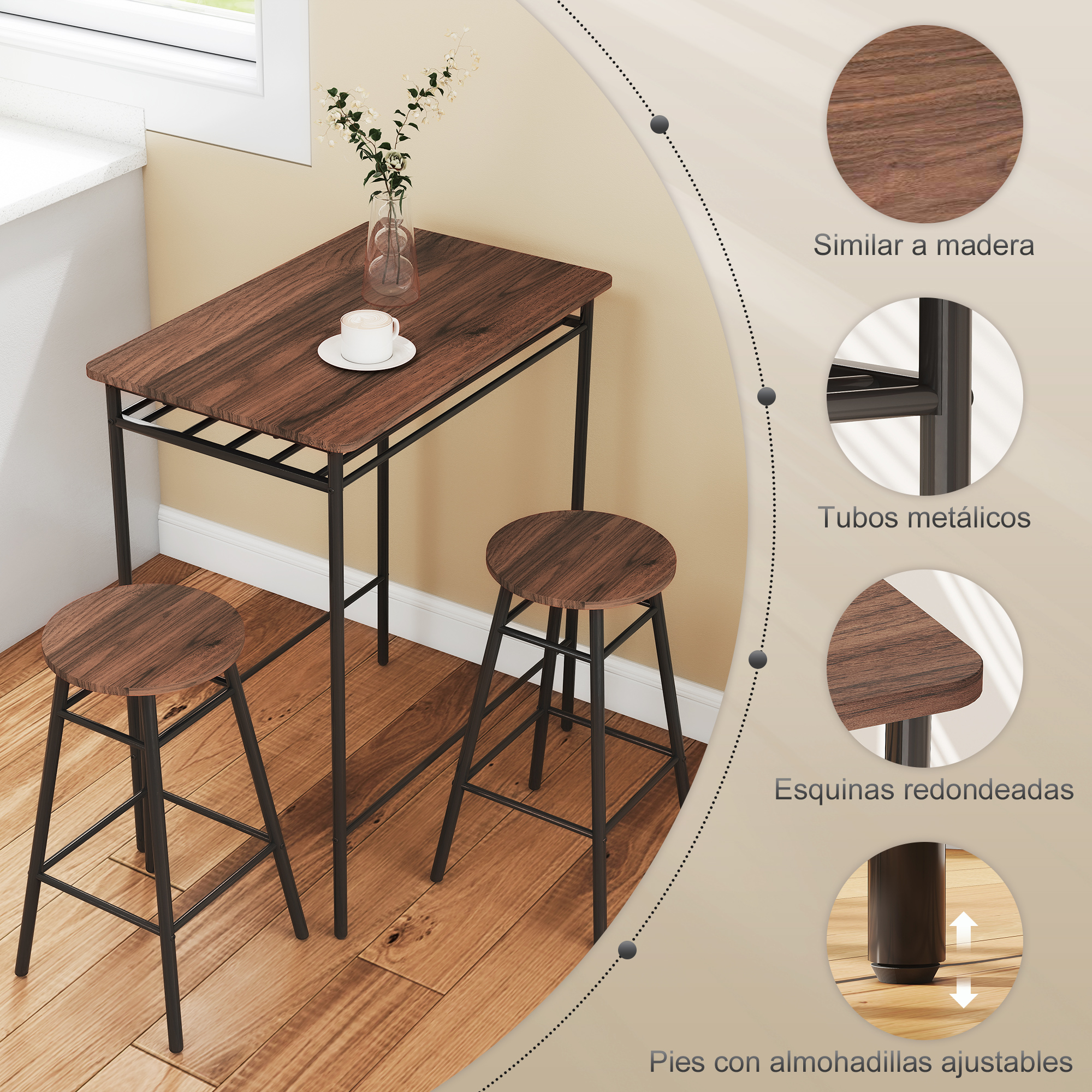 Una mesa pequeña de madera con dos taburetes al lado sobre suelo de madera.