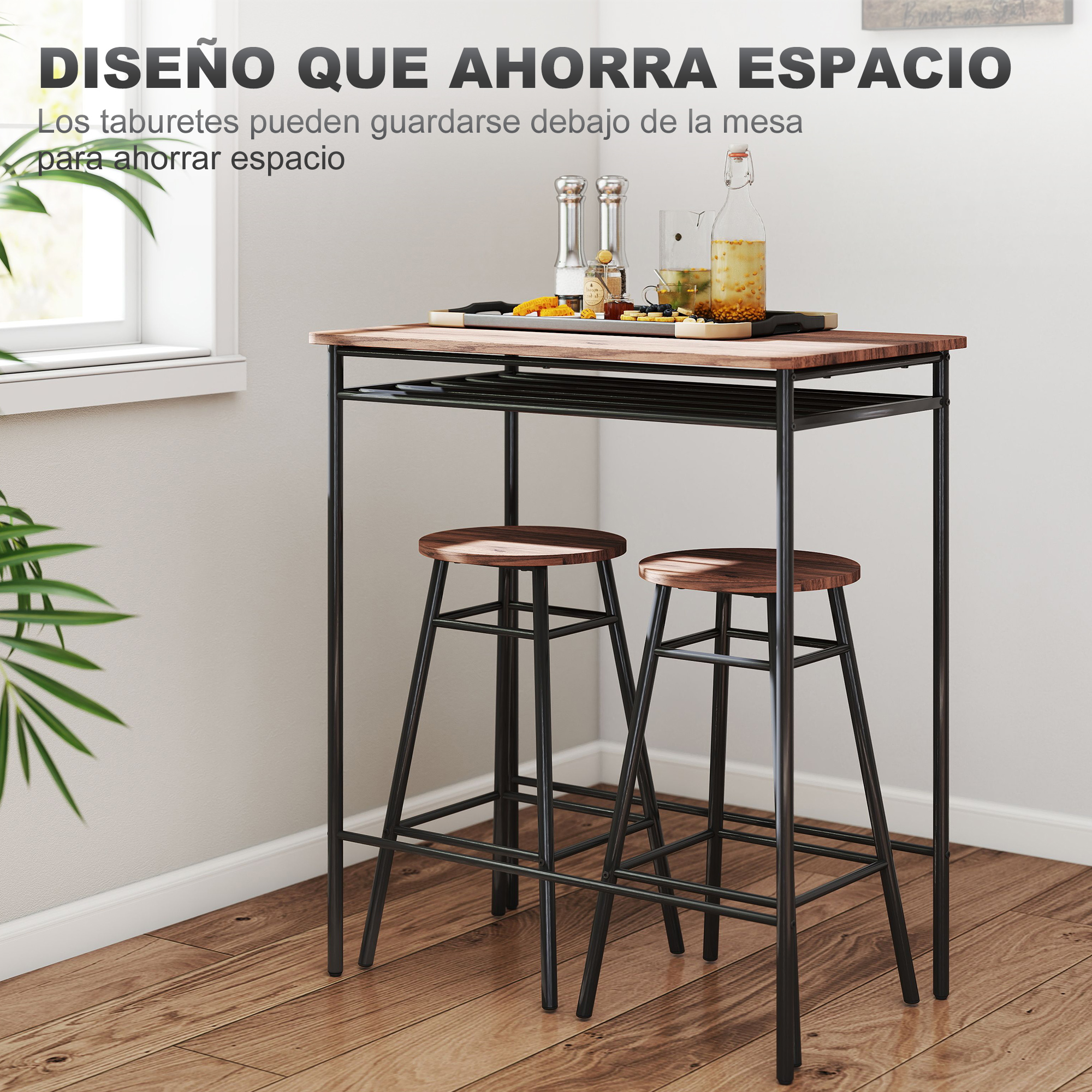 Una mesa de bar rectangular con dos taburetes de madera debajo sobre suelo de madera.